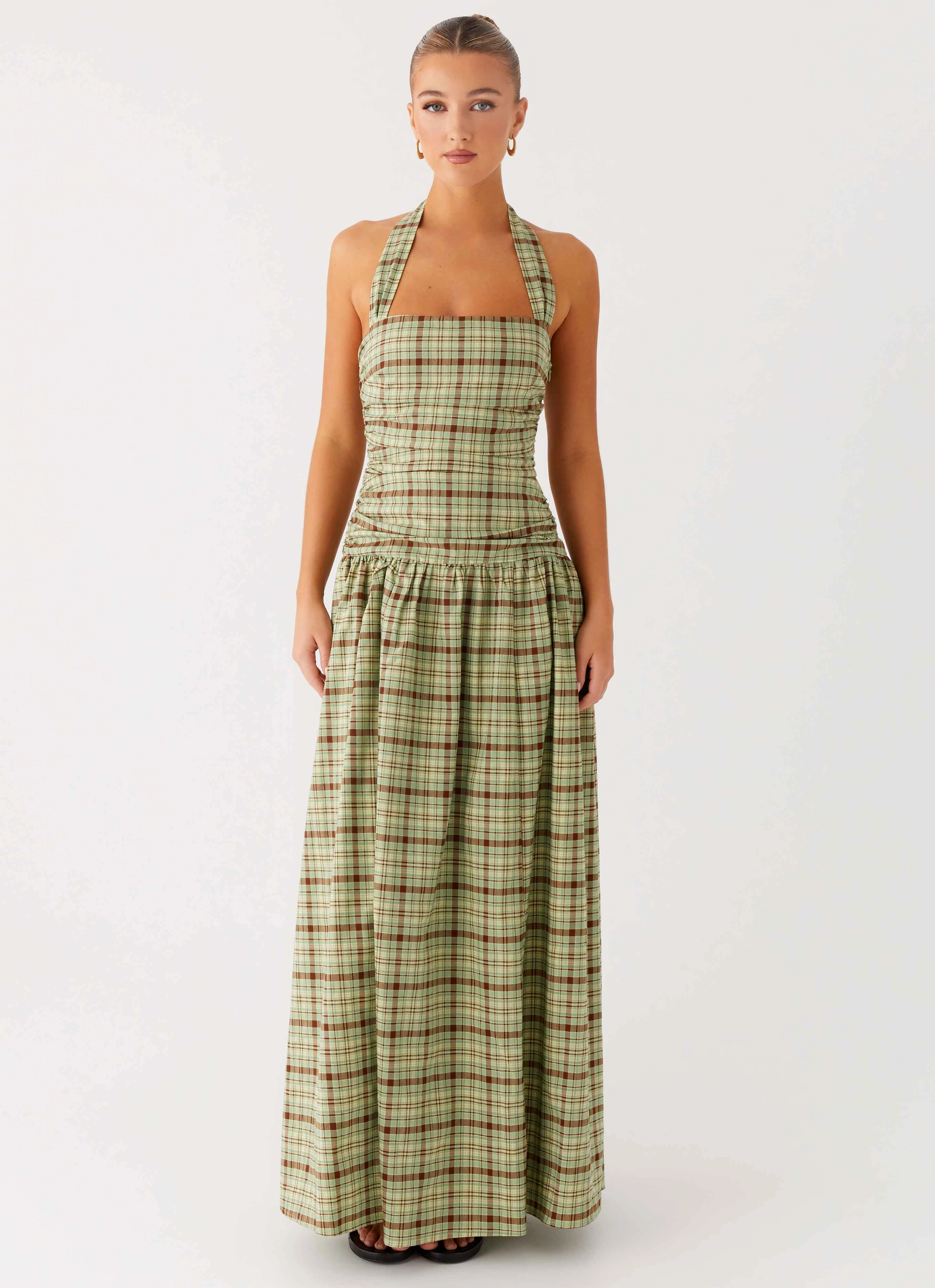 Lilith Maxi Dress - Forest Plaid Evening Event Calm Energy