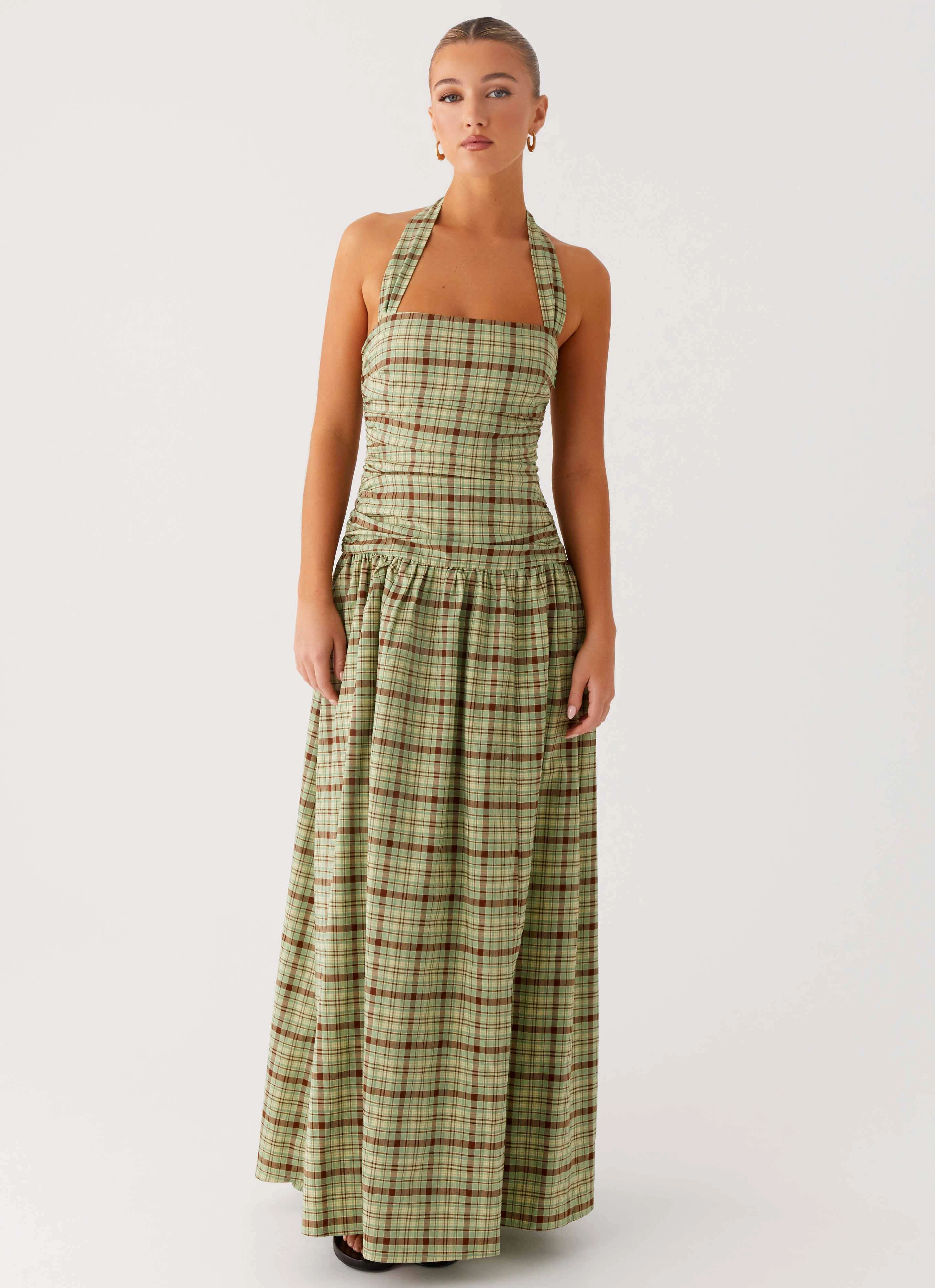Soft Tone Lilith Maxi Dress - Forest Plaid