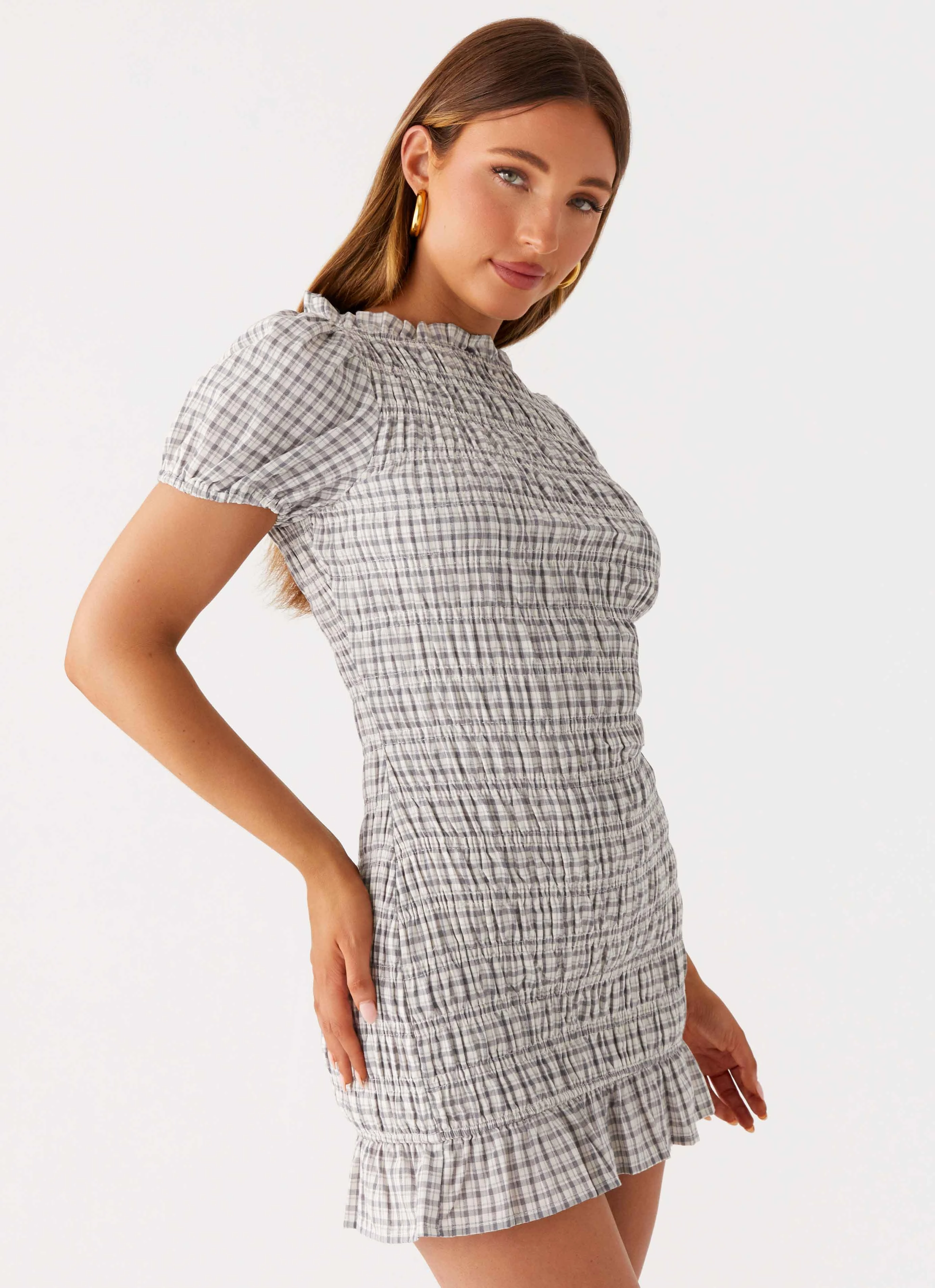 Travel-friendly Underwire-Support Millicent Ruched Mini Dress - Grey Check