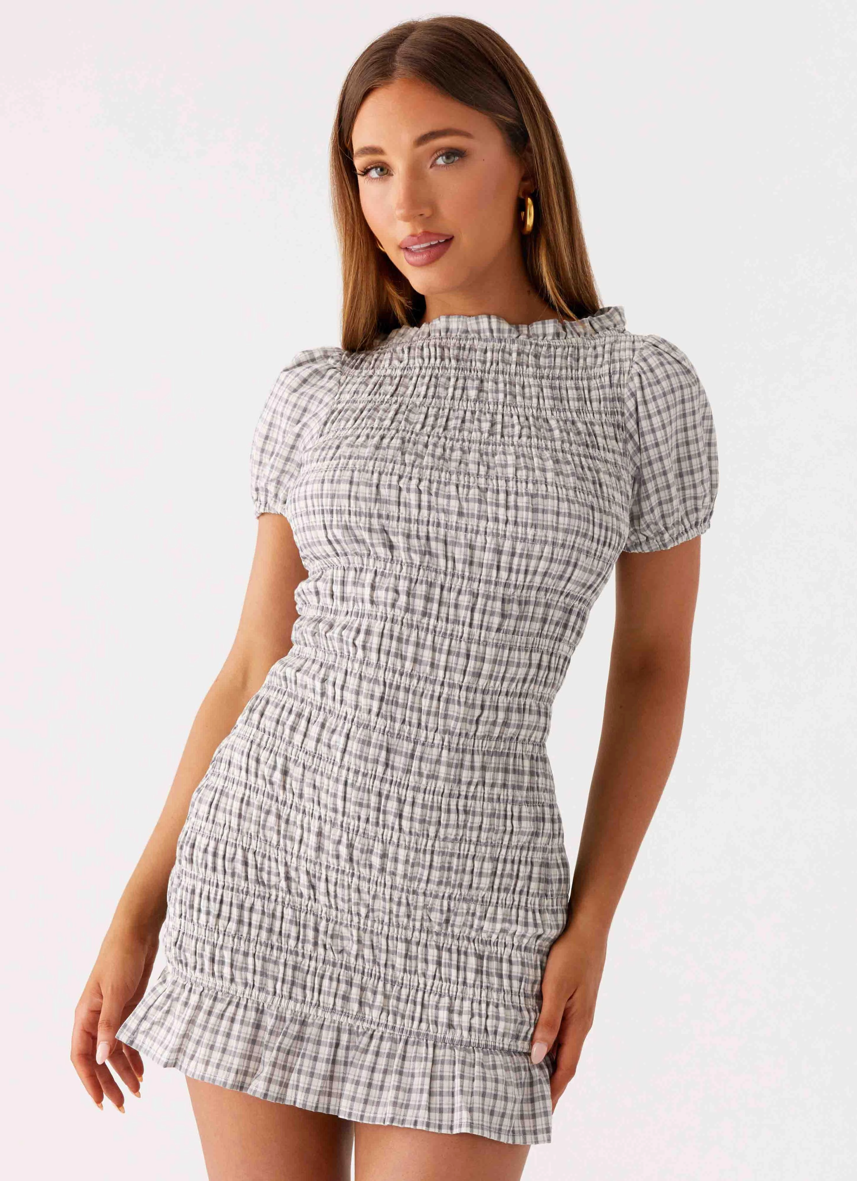 Office Smart Millicent Ruched Mini Dress - Grey Check