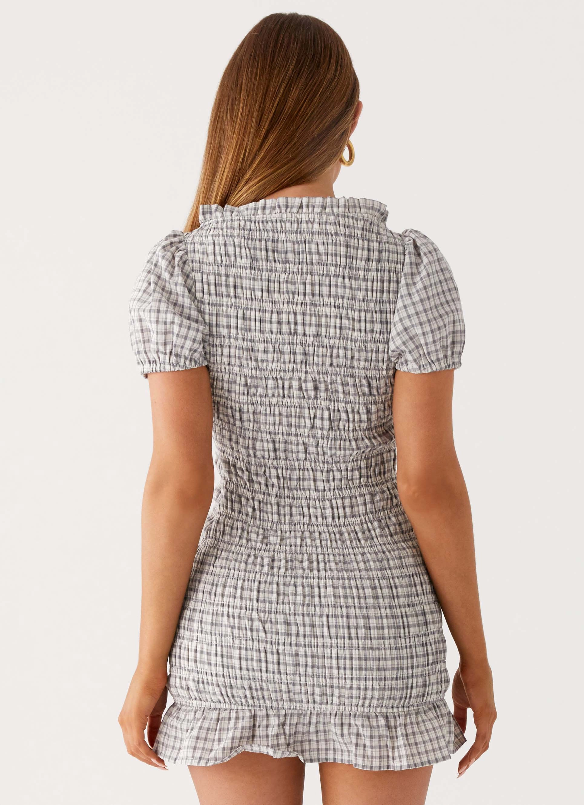 MultiPurposePockets Feminine Style Millicent Ruched Mini Dress - Grey Check