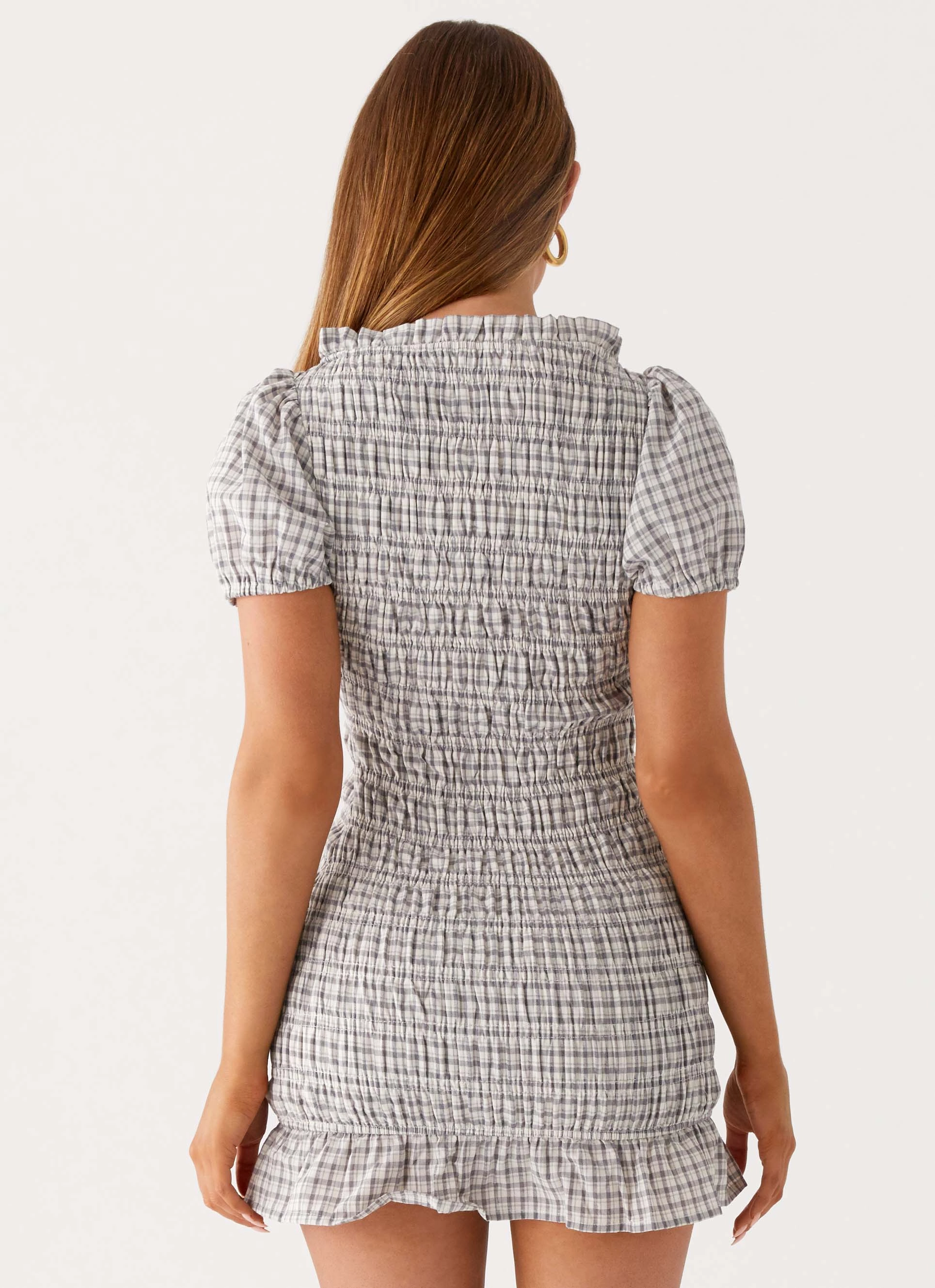 Millicent Ruched Mini Dress - Grey Check Neutral Mood