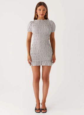 Millicent Ruched Mini Dress - Grey Check Summer Outfit