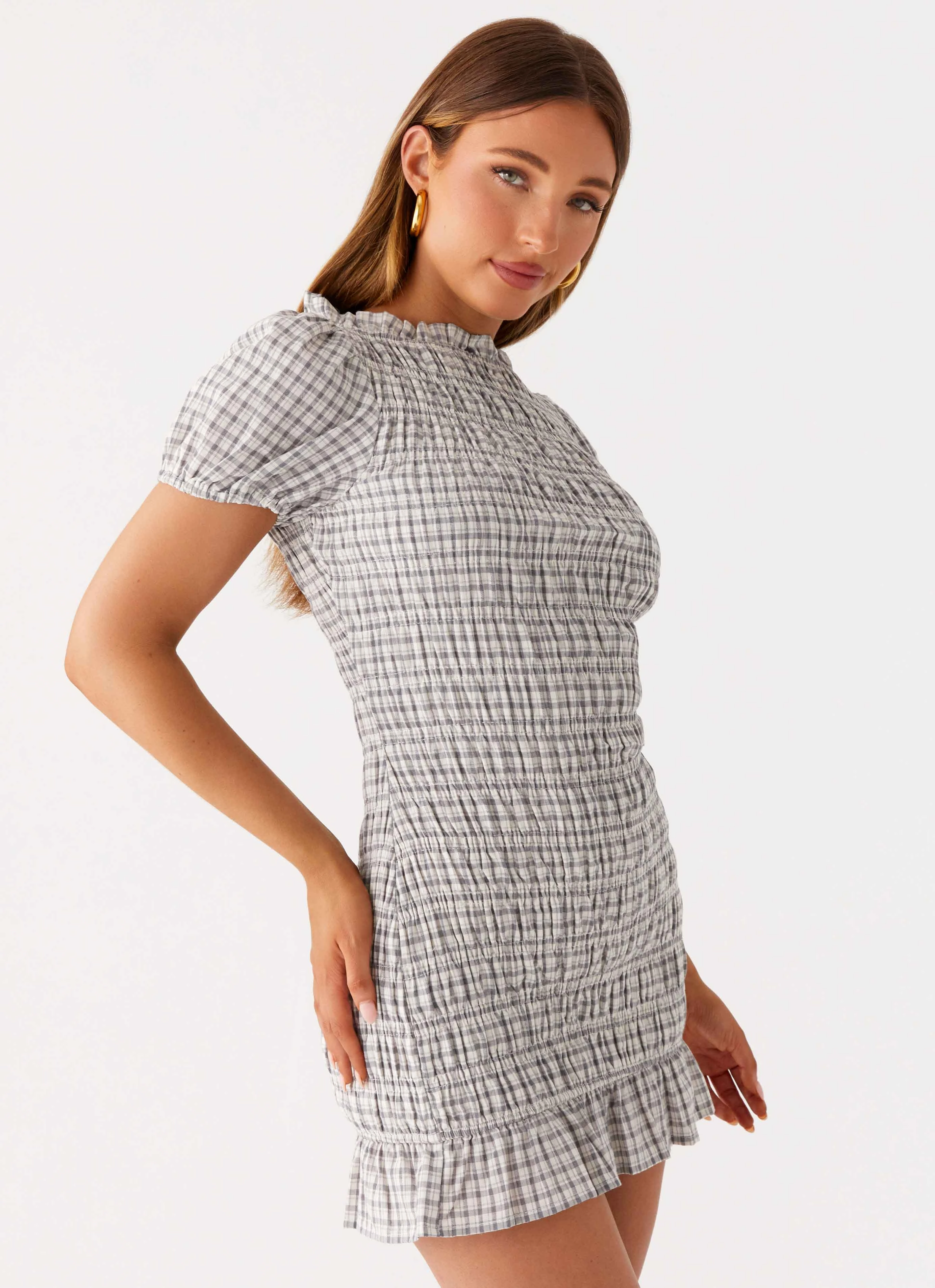 MultiPurposePockets Millicent Ruched Mini Dress - Grey Check