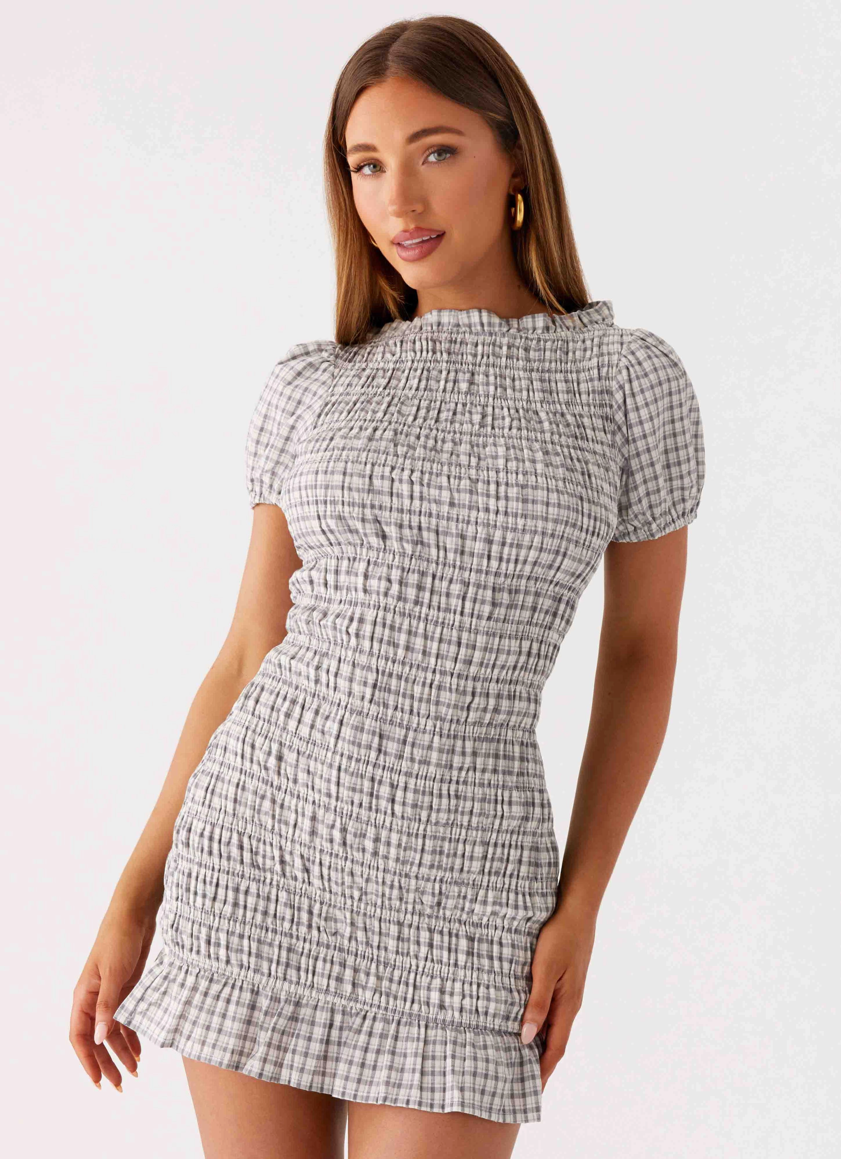 Quiet Luxury Sleek and Sleek Millicent Ruched Mini Dress - Grey Check