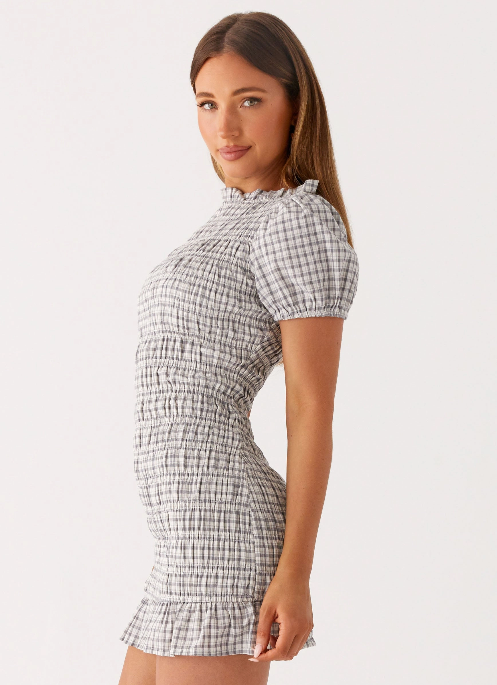 Layer Base Millicent Ruched Mini Dress - Grey Check
