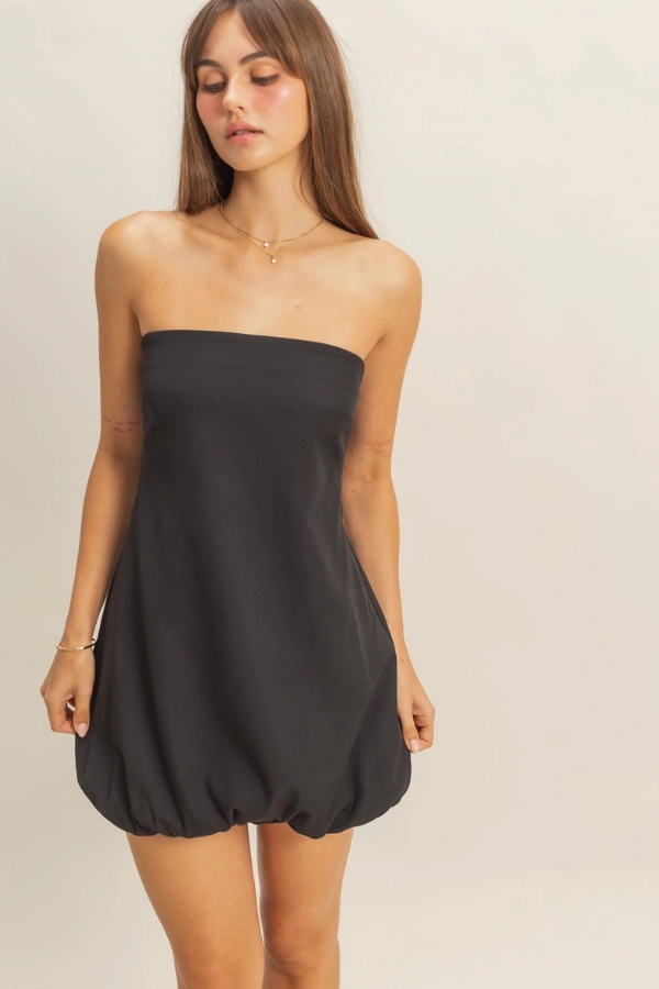Strapless Mini Balloon Dress - Black TaglessNecklineComfort Ribbed Trim