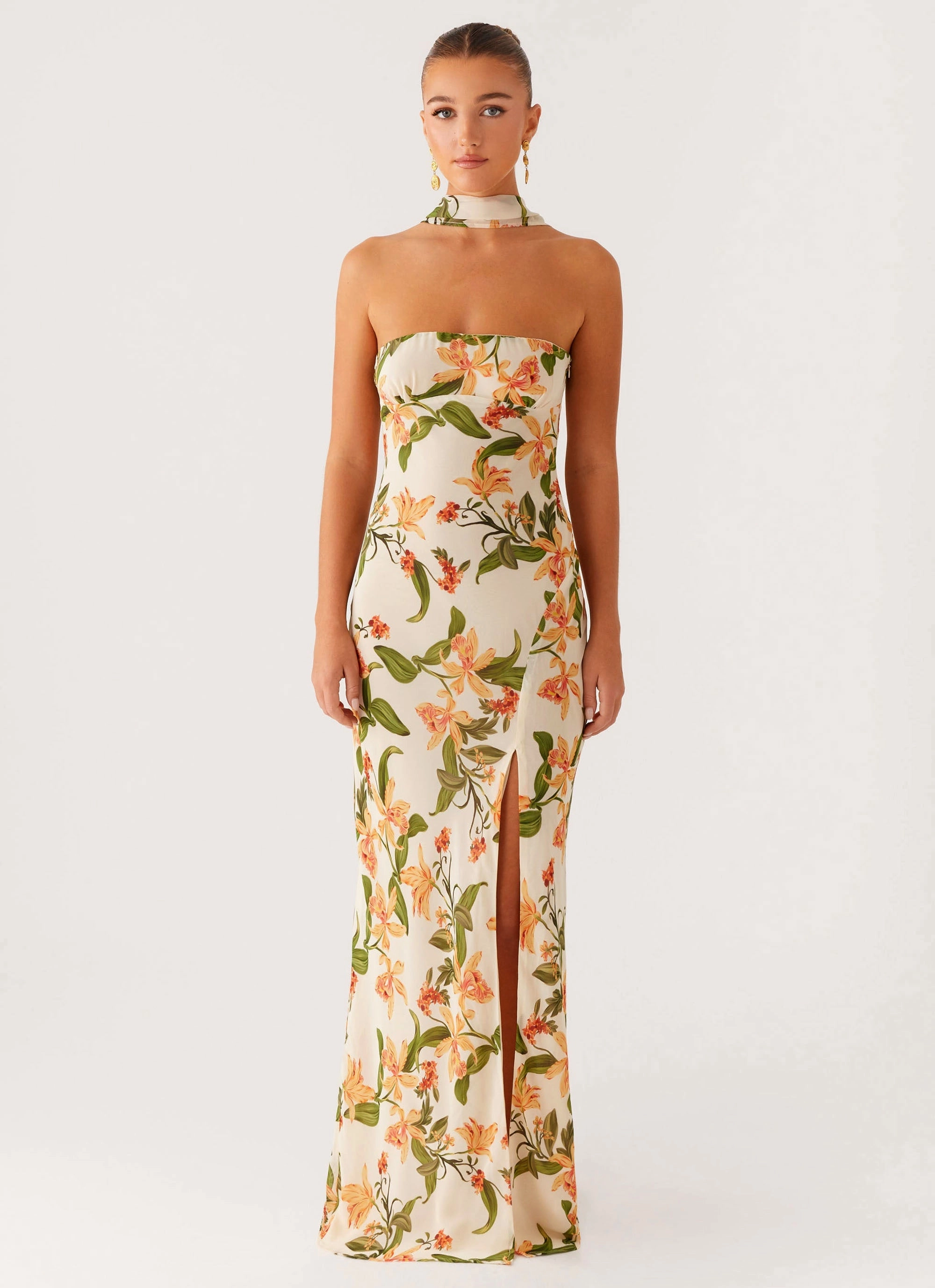 High Neck Chic Design Gali Strapless Maxi Dress - Floral Print