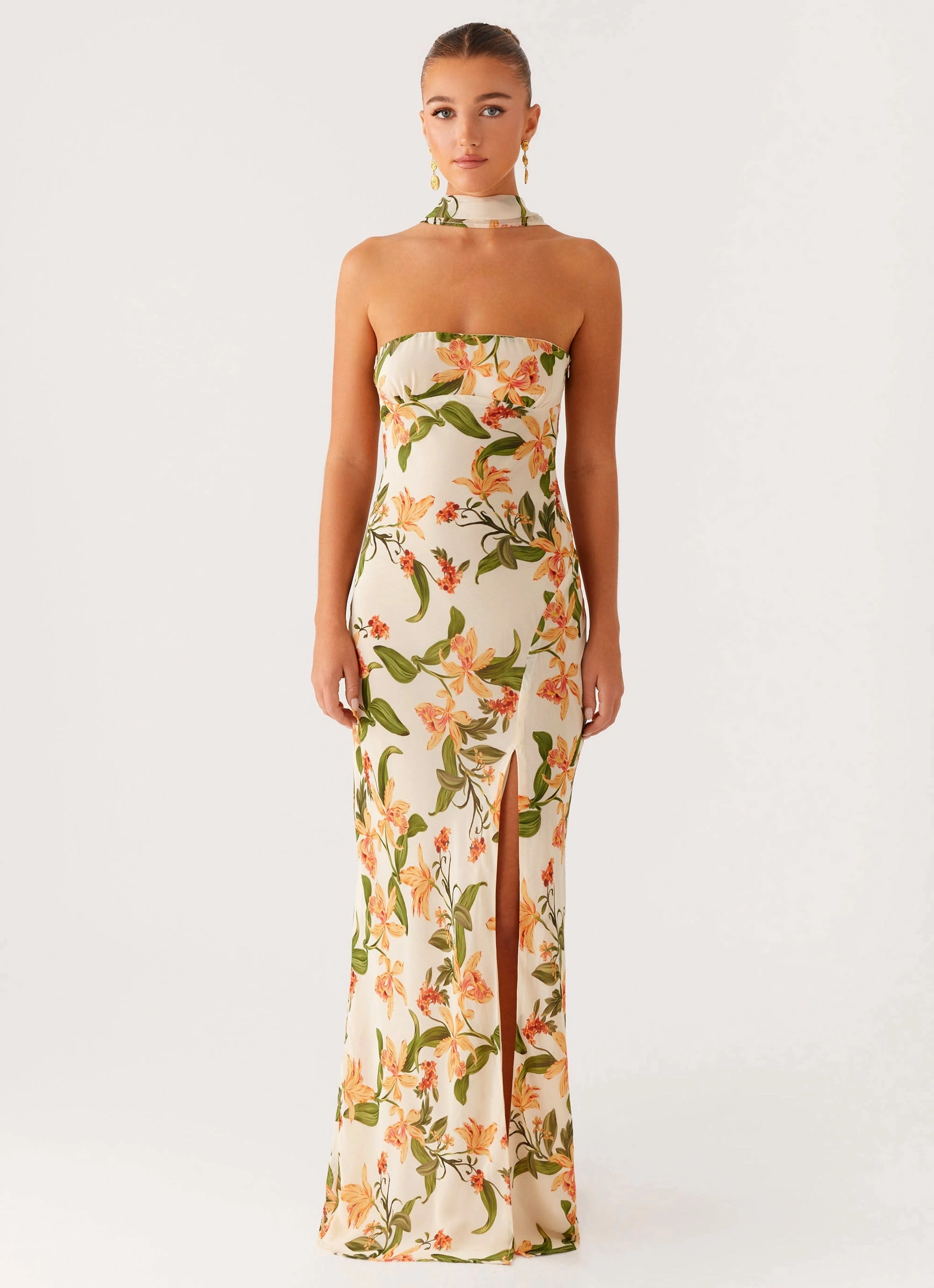 Dance Night Bust-Enhancing Gali Strapless Maxi Dress - Floral Print