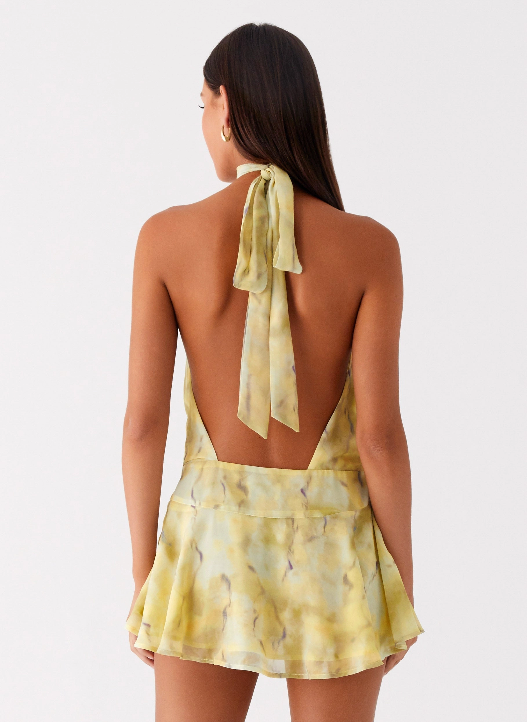 First Date Halter Mini Dress - Yellow Tie Dye Subtle Fit