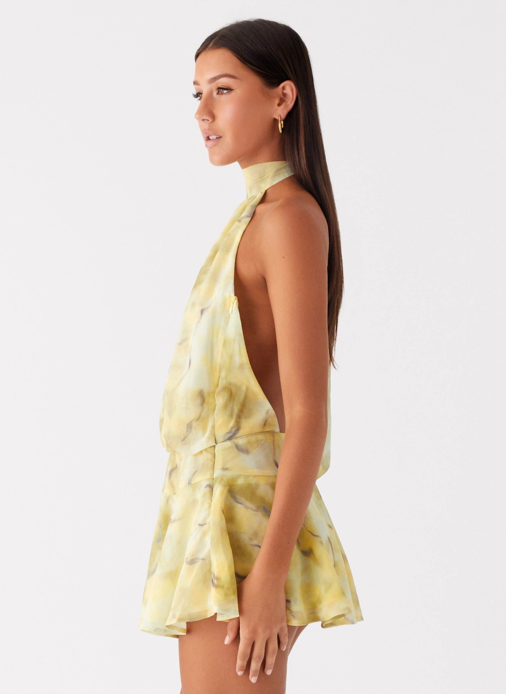 First Date Halter Mini Dress - Yellow Tie Dye Sheer Light