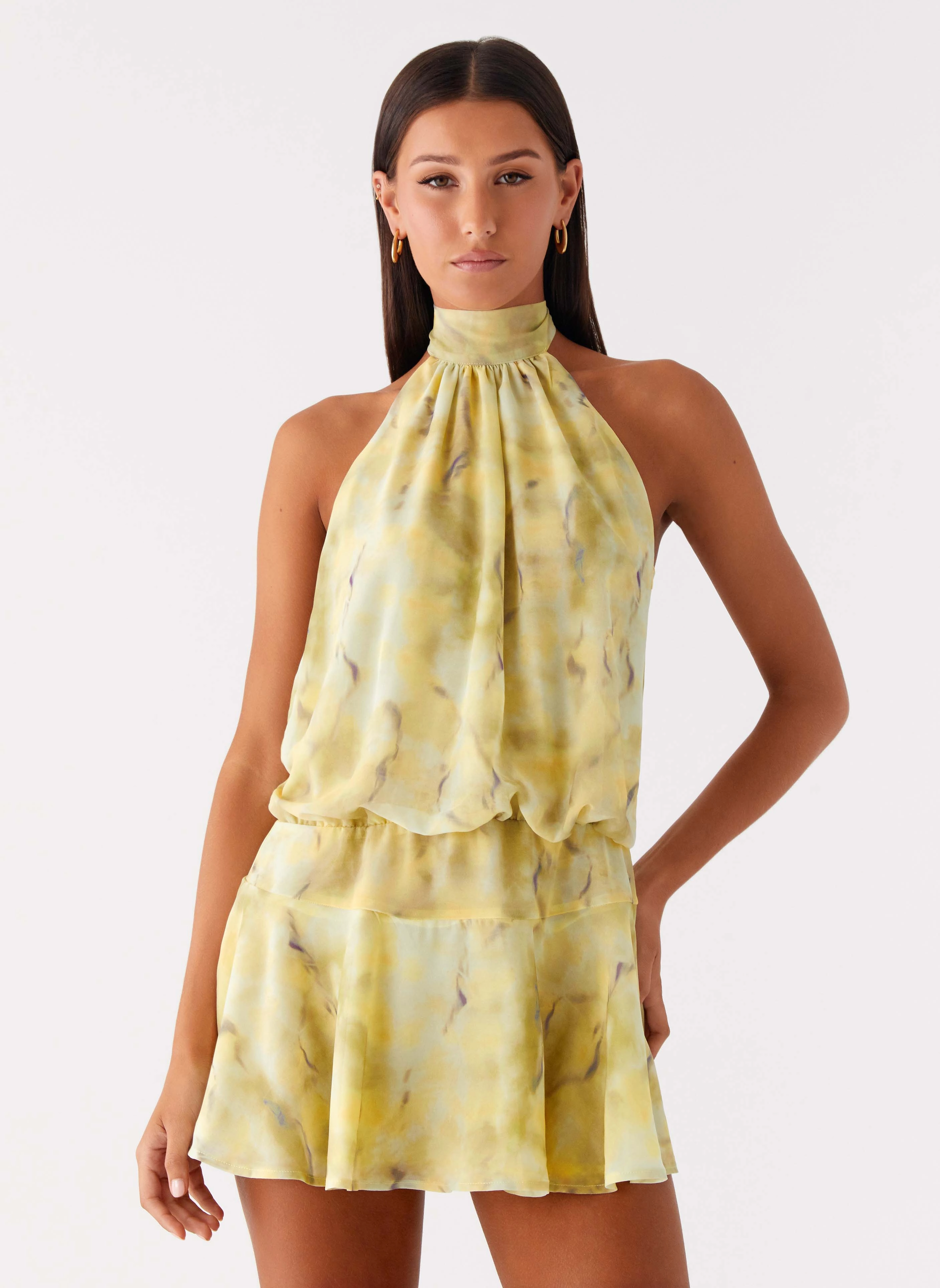 First Date Halter Mini Dress - Yellow Tie Dye Contemporary Fit Pocket-Detail