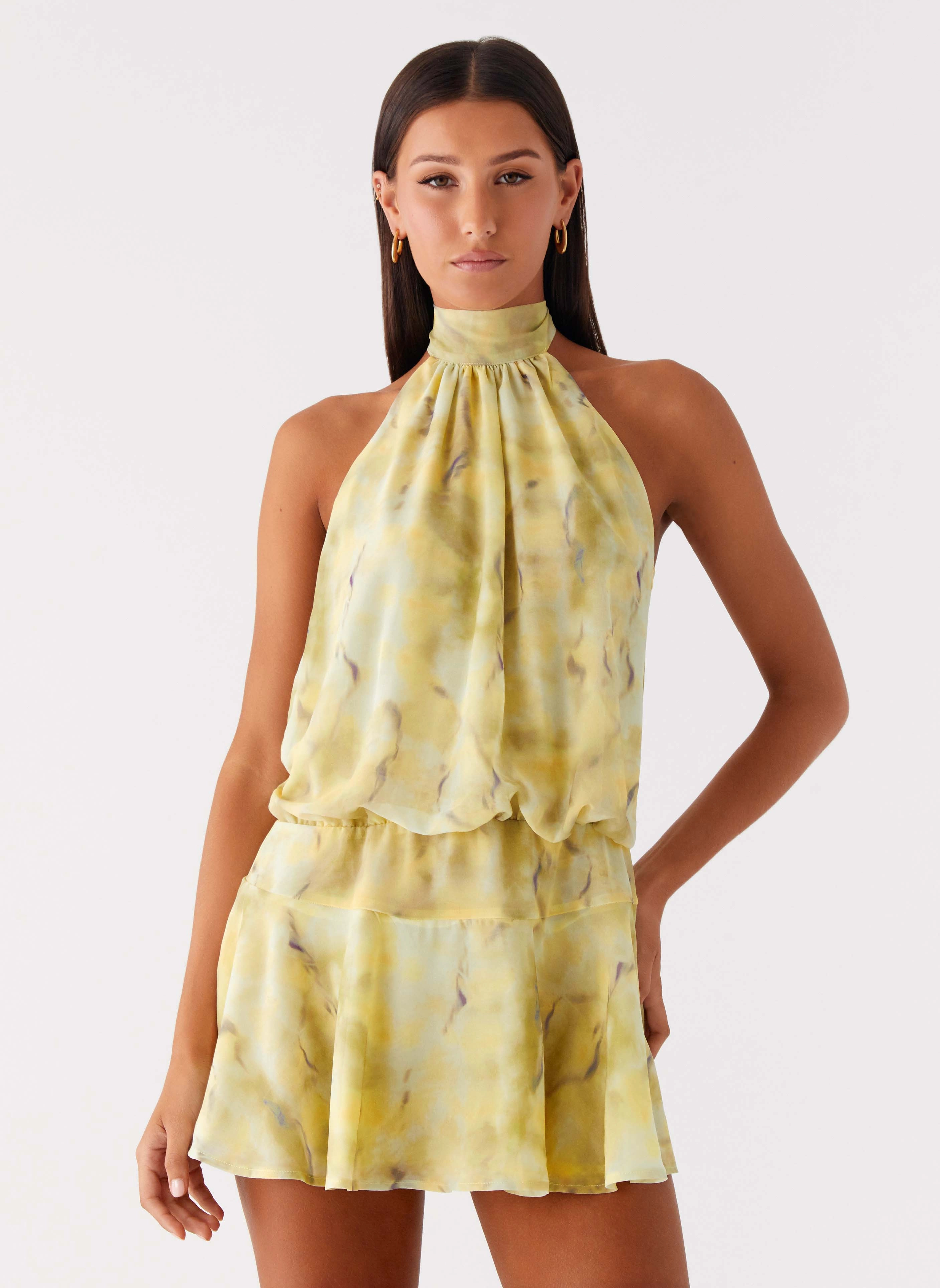 First Date Halter Mini Dress - Yellow Tie Dye Daily Essential