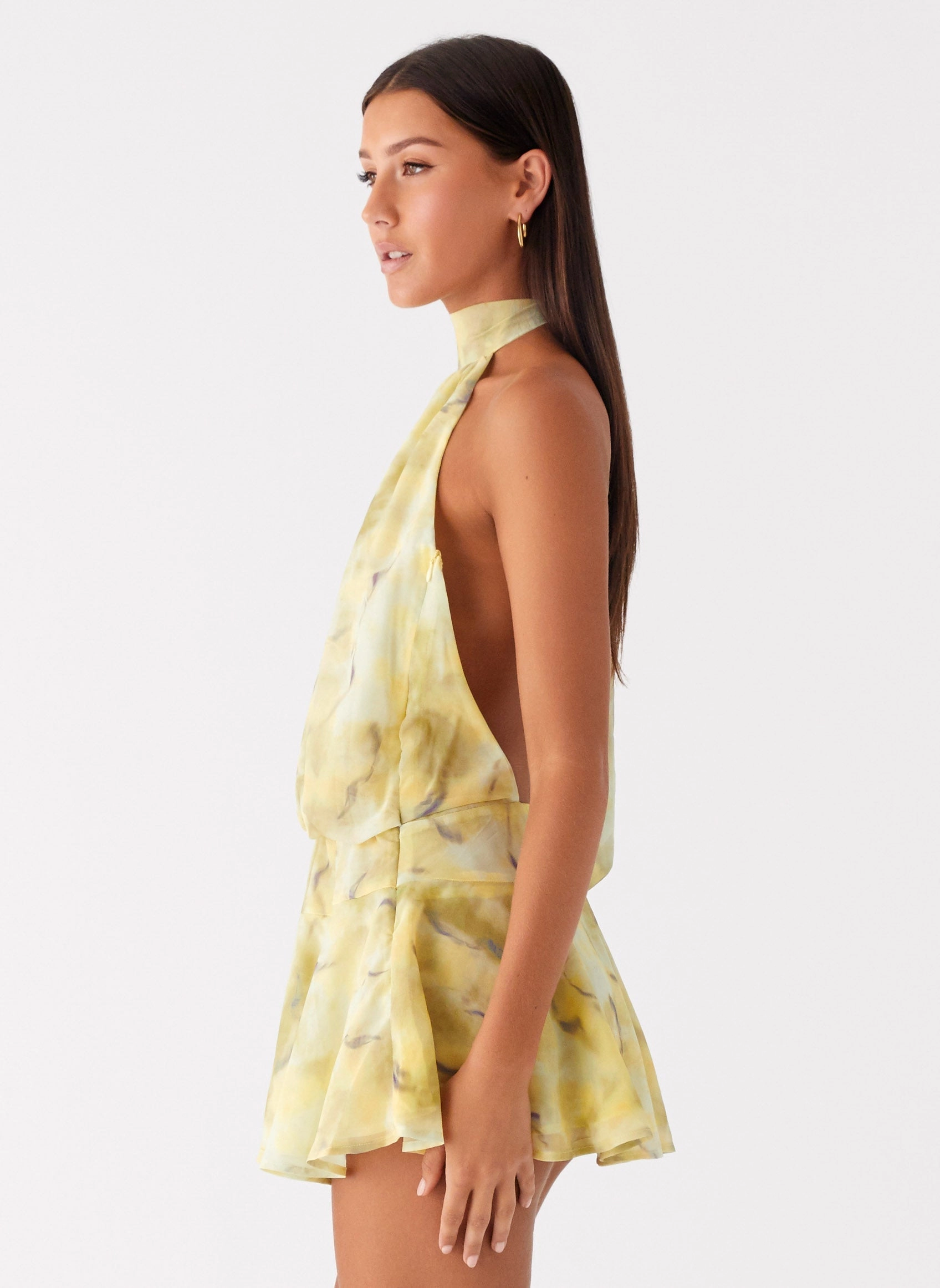 First Date Halter Mini Dress - Yellow Tie Dye Open Back Fashion Essential