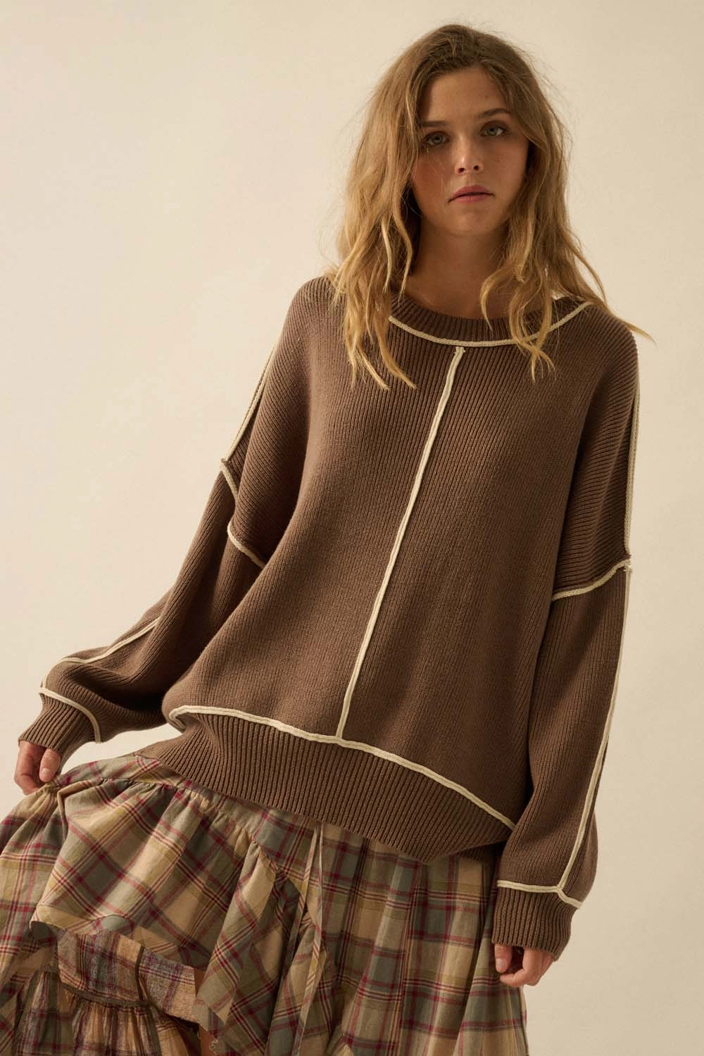 Double Layered Hem Ribbed Knit Oversized Sweater - Mocha