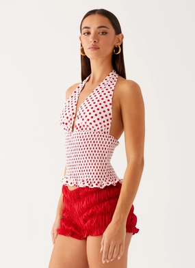 LayeredNeckline Kamren Halter Top - White Red Polka Dot