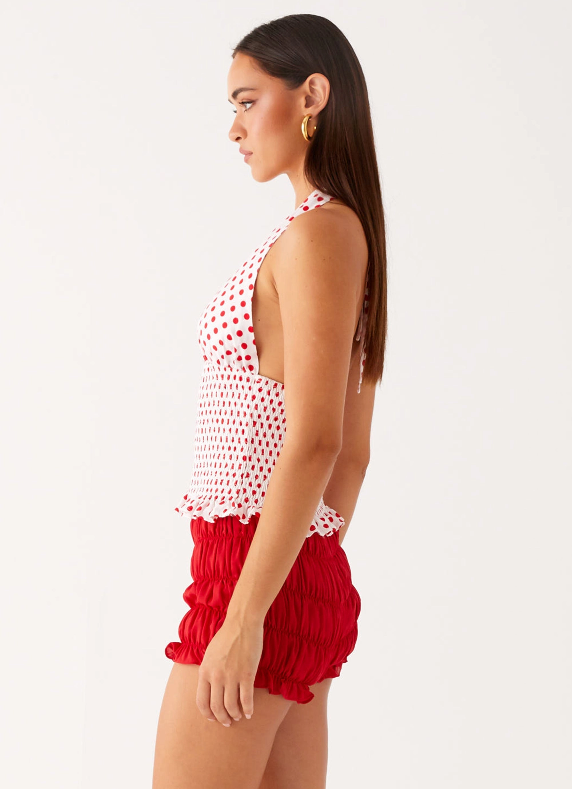 MultiPocket Kamren Halter Top - White Red Polka Dot