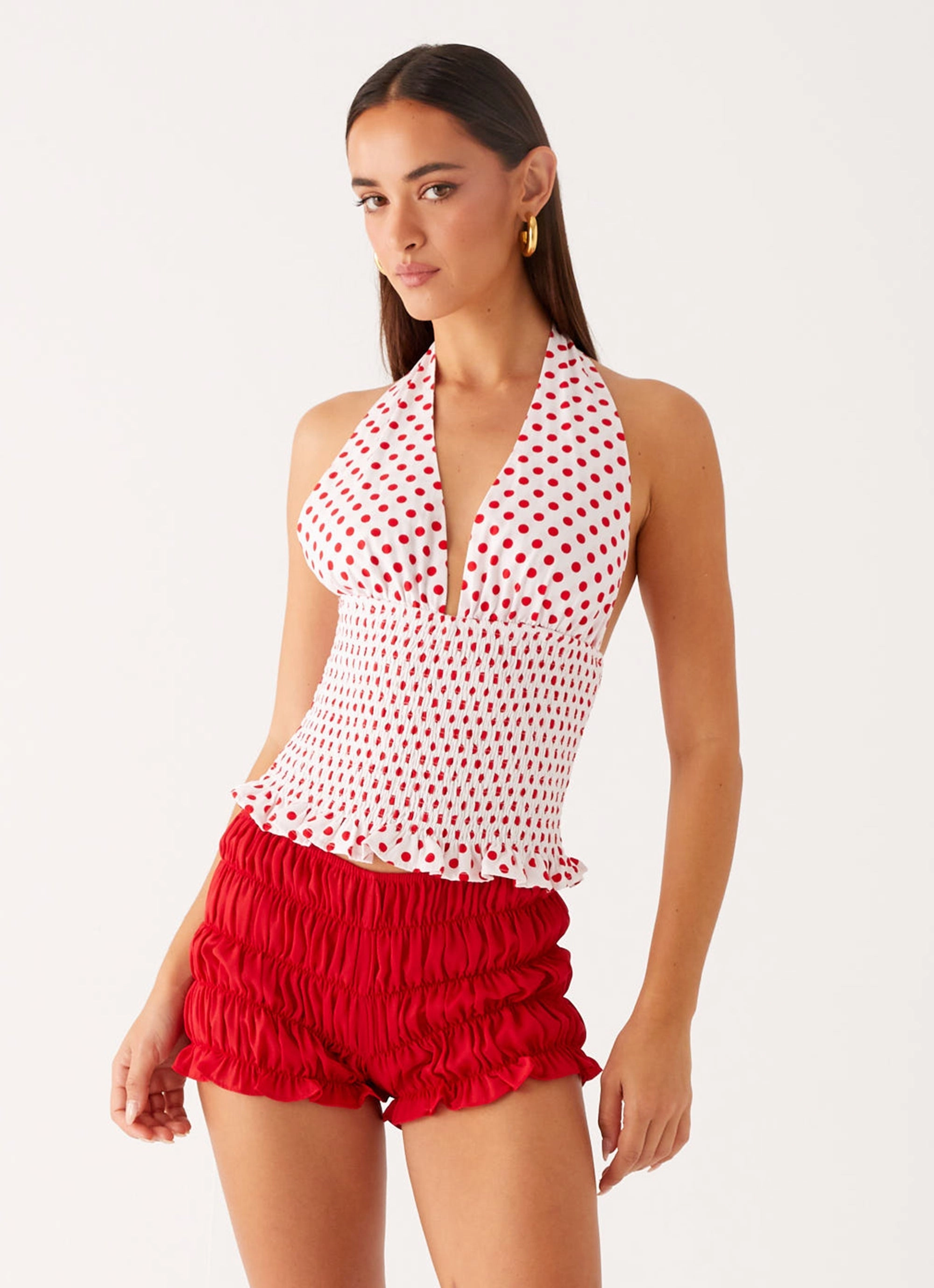 DoubleLayered Neckline Kamren Halter Top - White Red Polka Dot