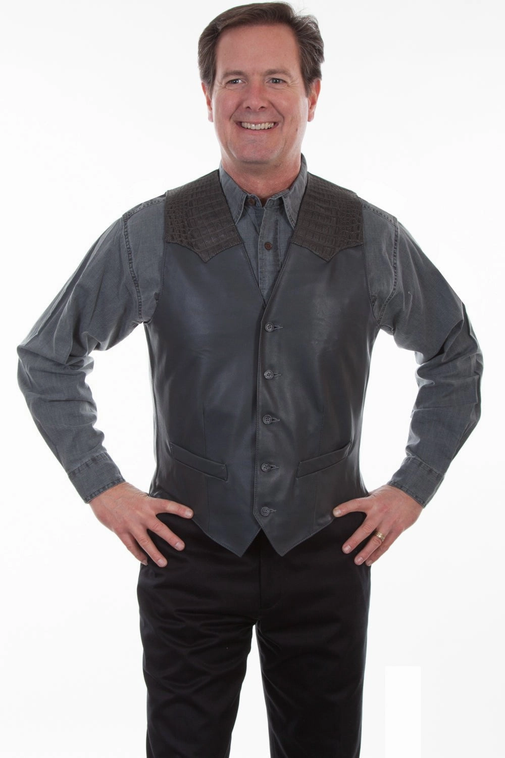 Scully Mens Grey Lamb Leather Caiman Inset Vest Embellished Trim Universal Fit Framework