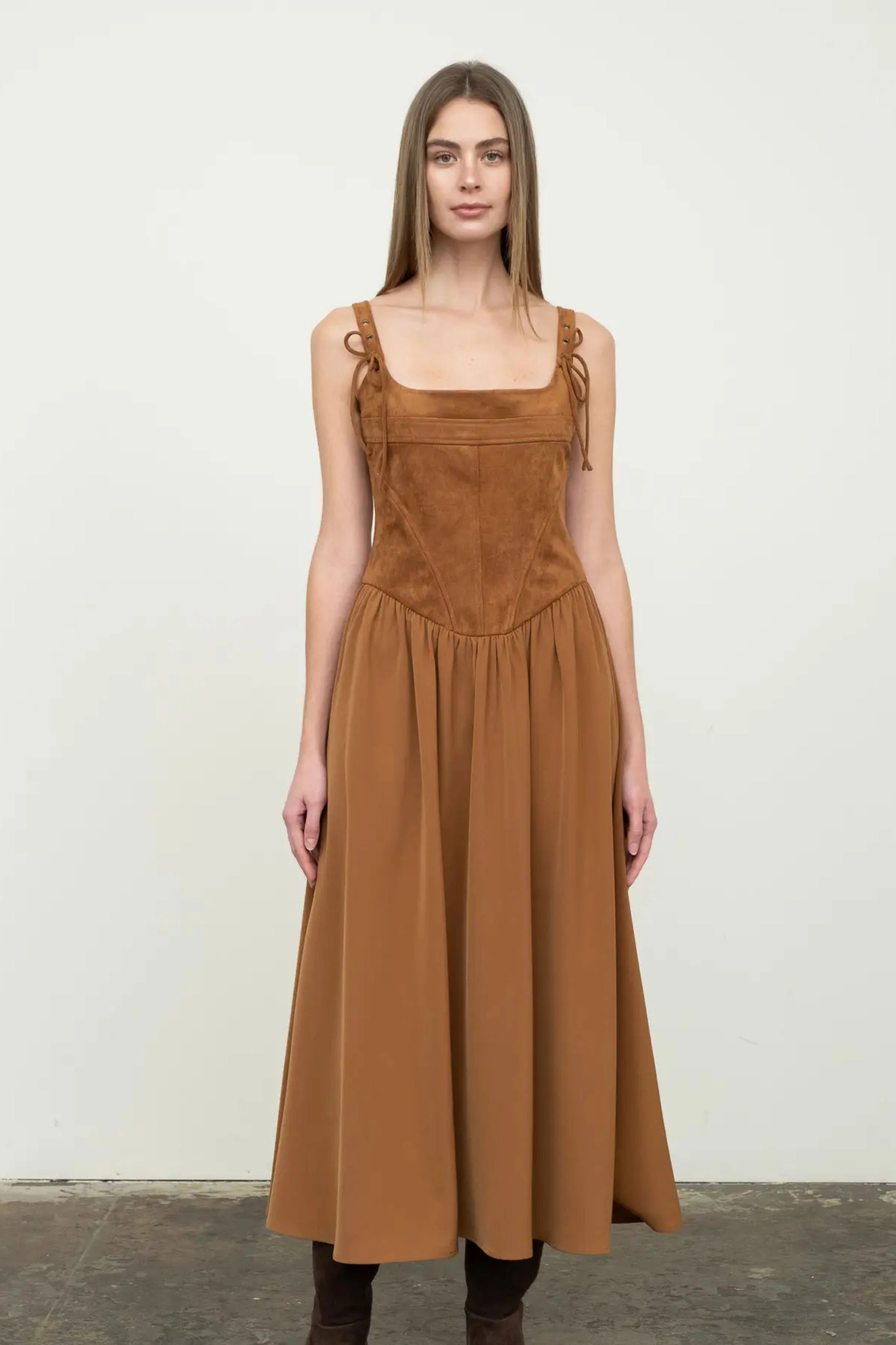 Adjustable Hem Toggles Faux Suede Corset Midi Dress