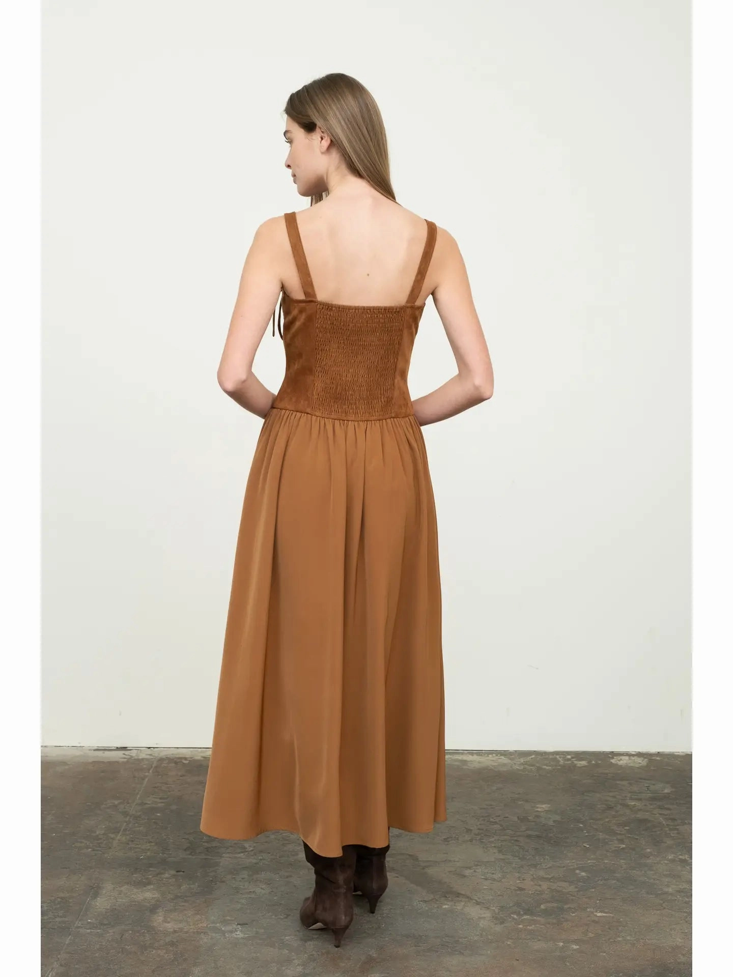 Smart Lines Faux Suede Corset Midi Dress