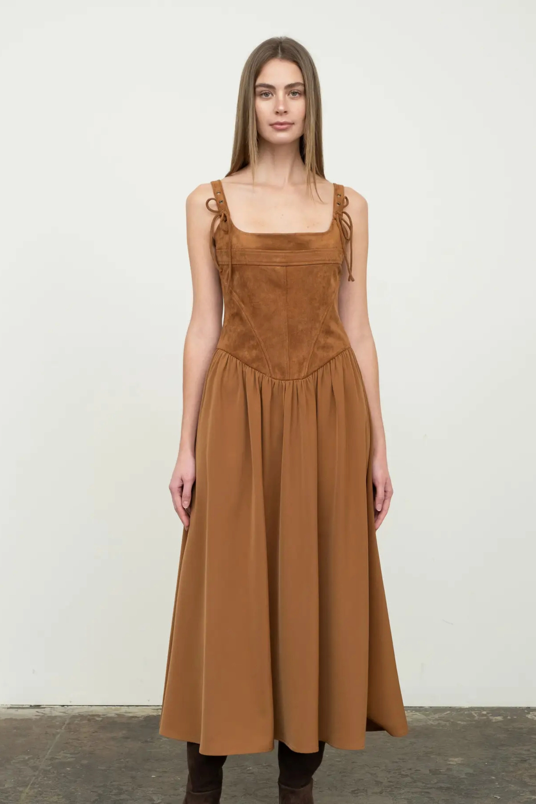 Faux Suede Corset Midi Dress breathable-mesh Effortless weekend dress