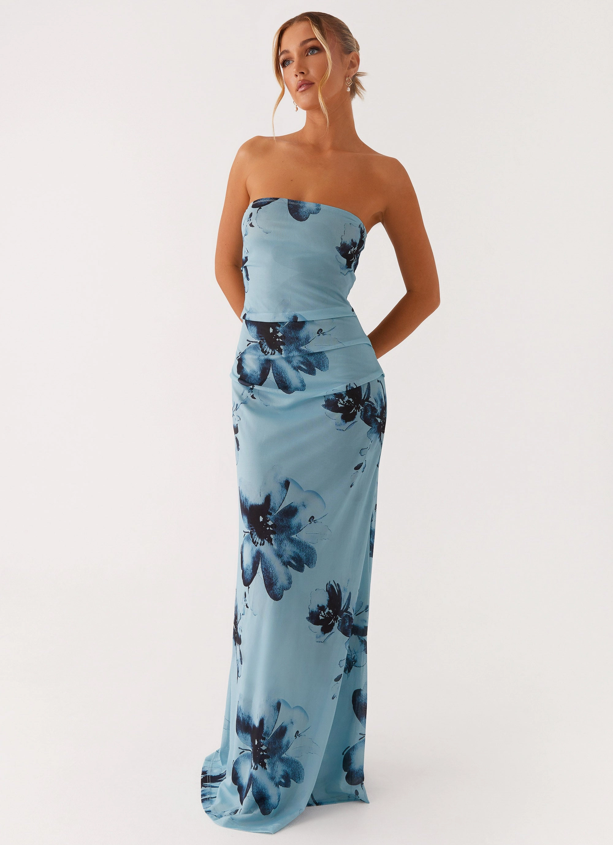 Field Of Dreams Maxi Dress - Blue Black Floral High-Neck