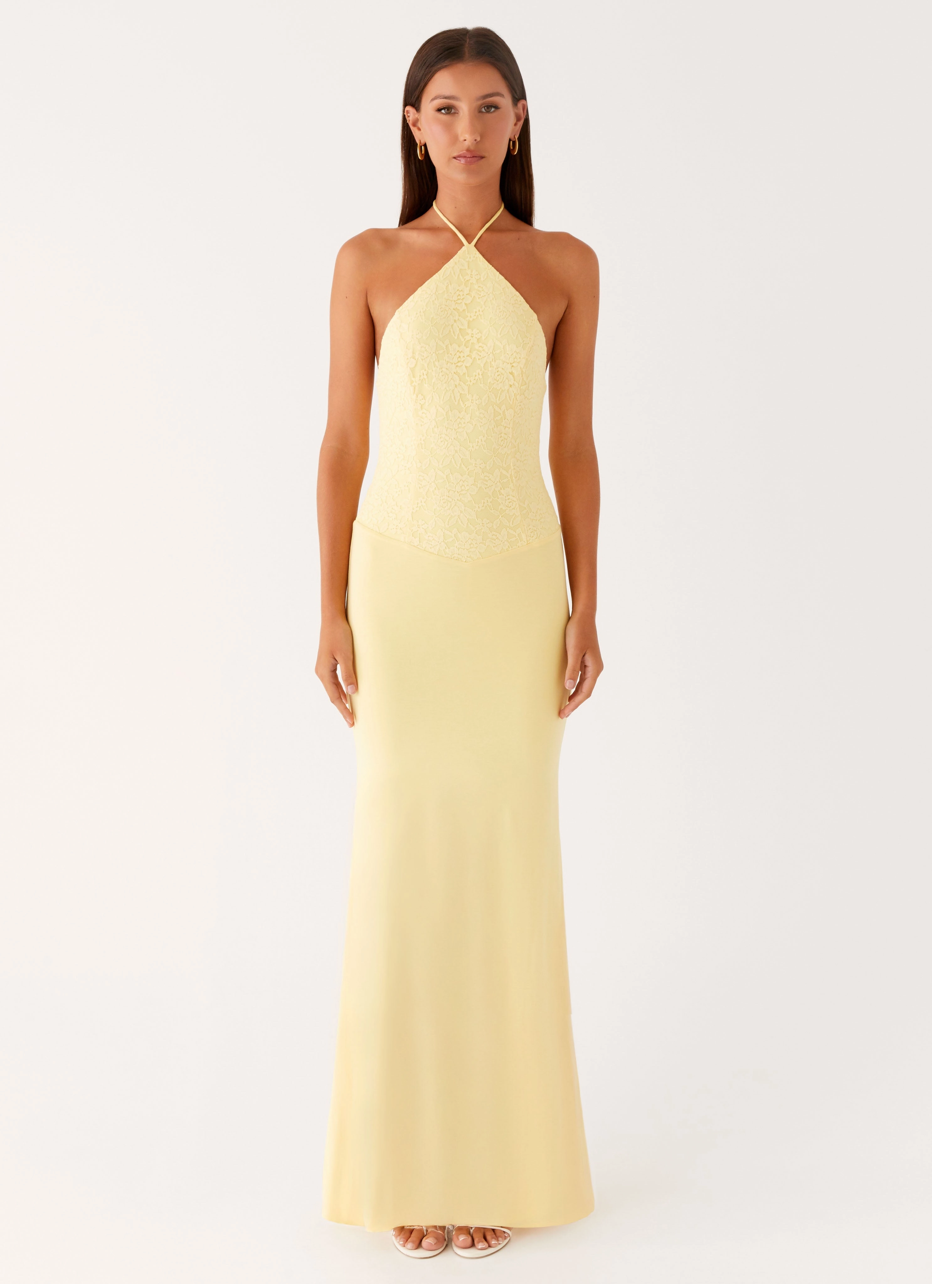 ruffle trim Calm Outfit Fiesta Halter Maxi Dress - Sunny Yellow