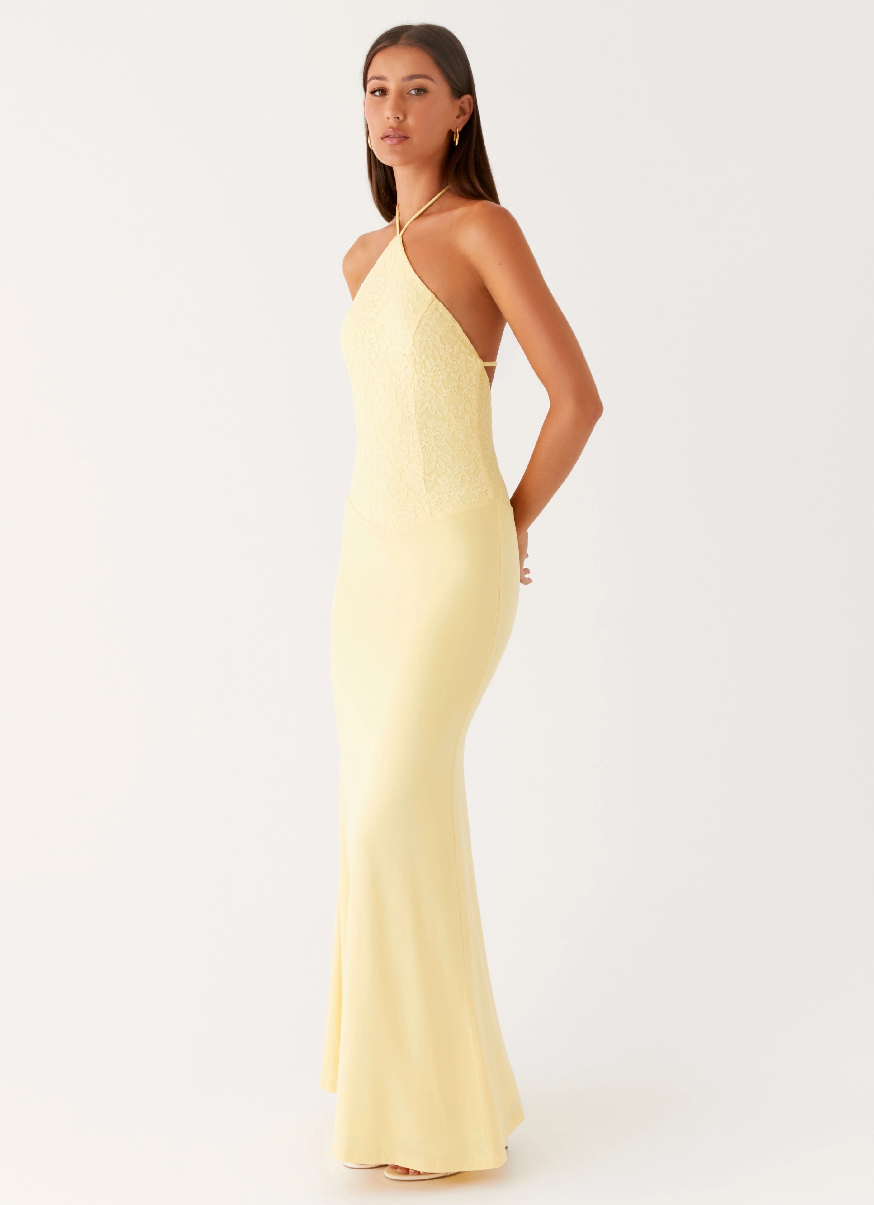 Fiesta Halter Maxi Dress - Sunny Yellow Satin Fabric