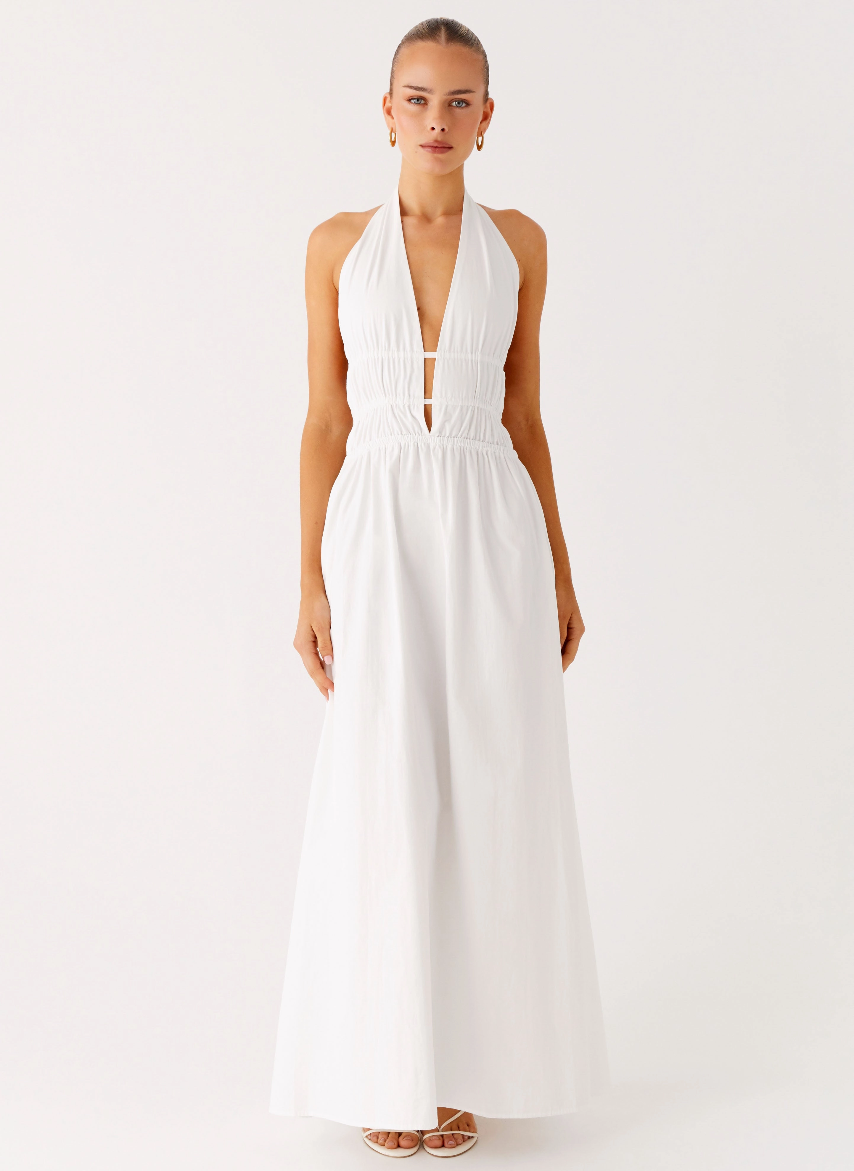 Formal-look Water-Repellent-Finish Figaro Halter Maxi Dress - White