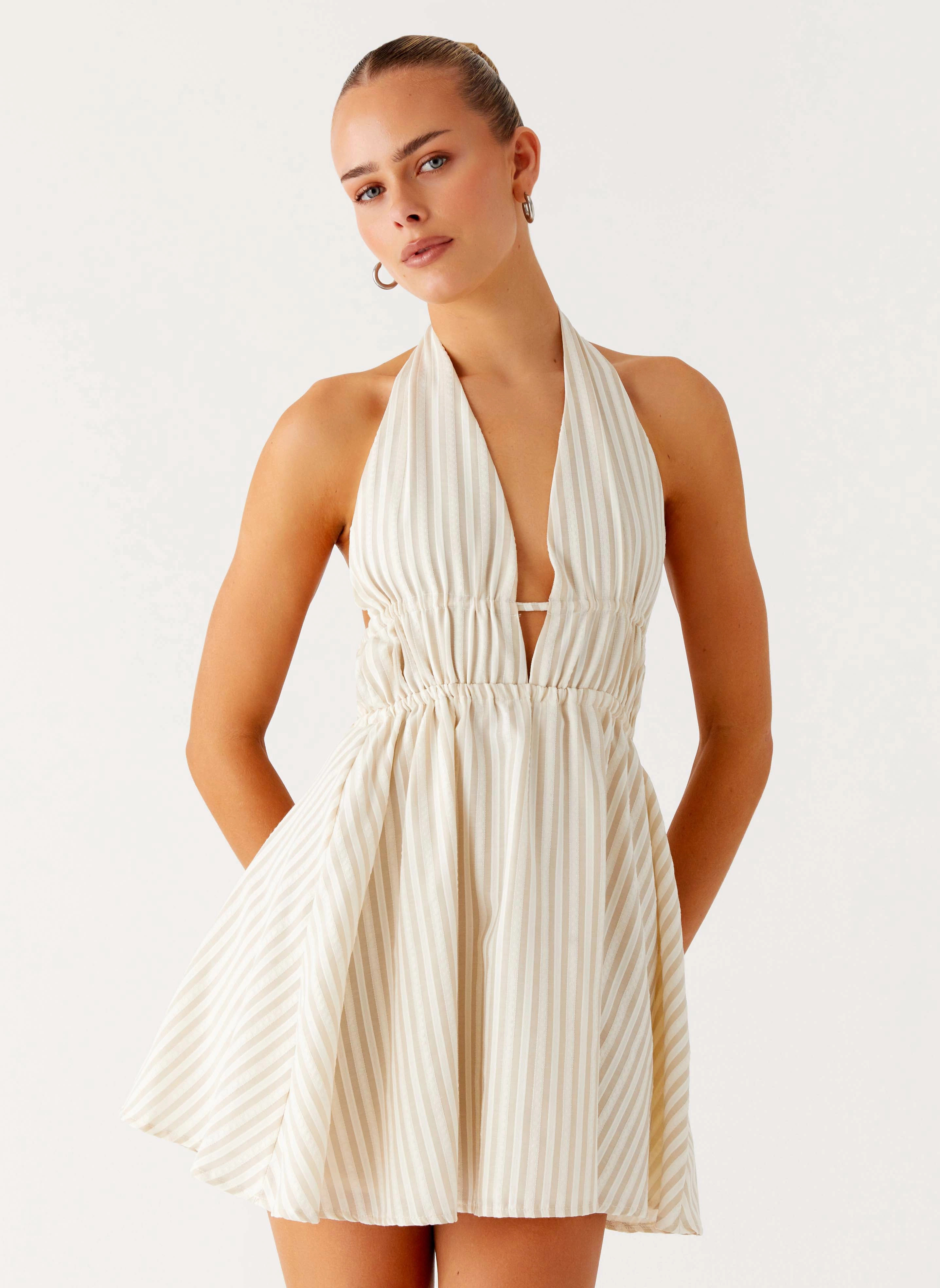 Edgy Layers Guest Shine Figaro Halter Mini Dress - Taupe Stripe