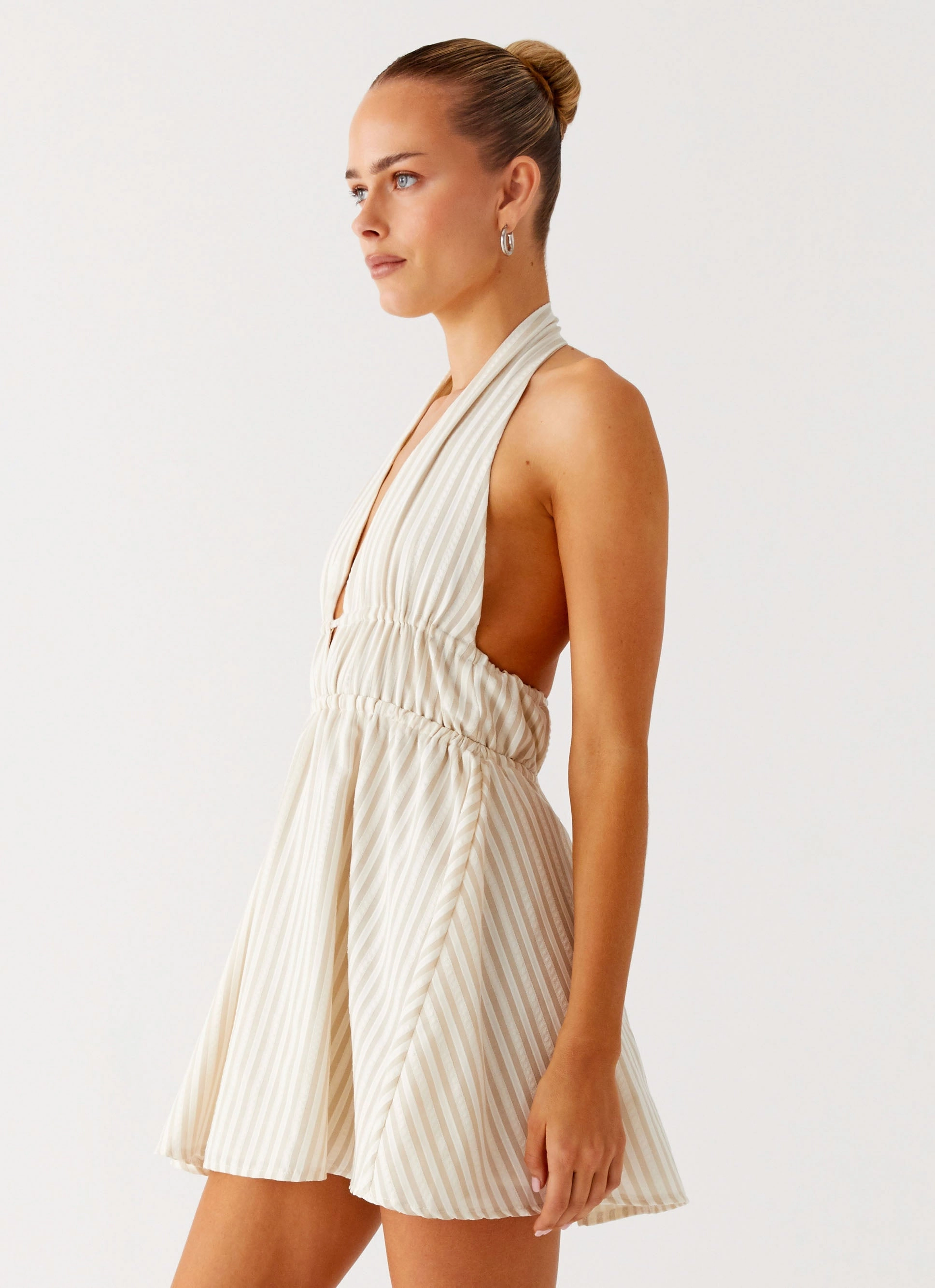 Figaro Halter Mini Dress - Taupe Stripe Minimal Form Soft Layers