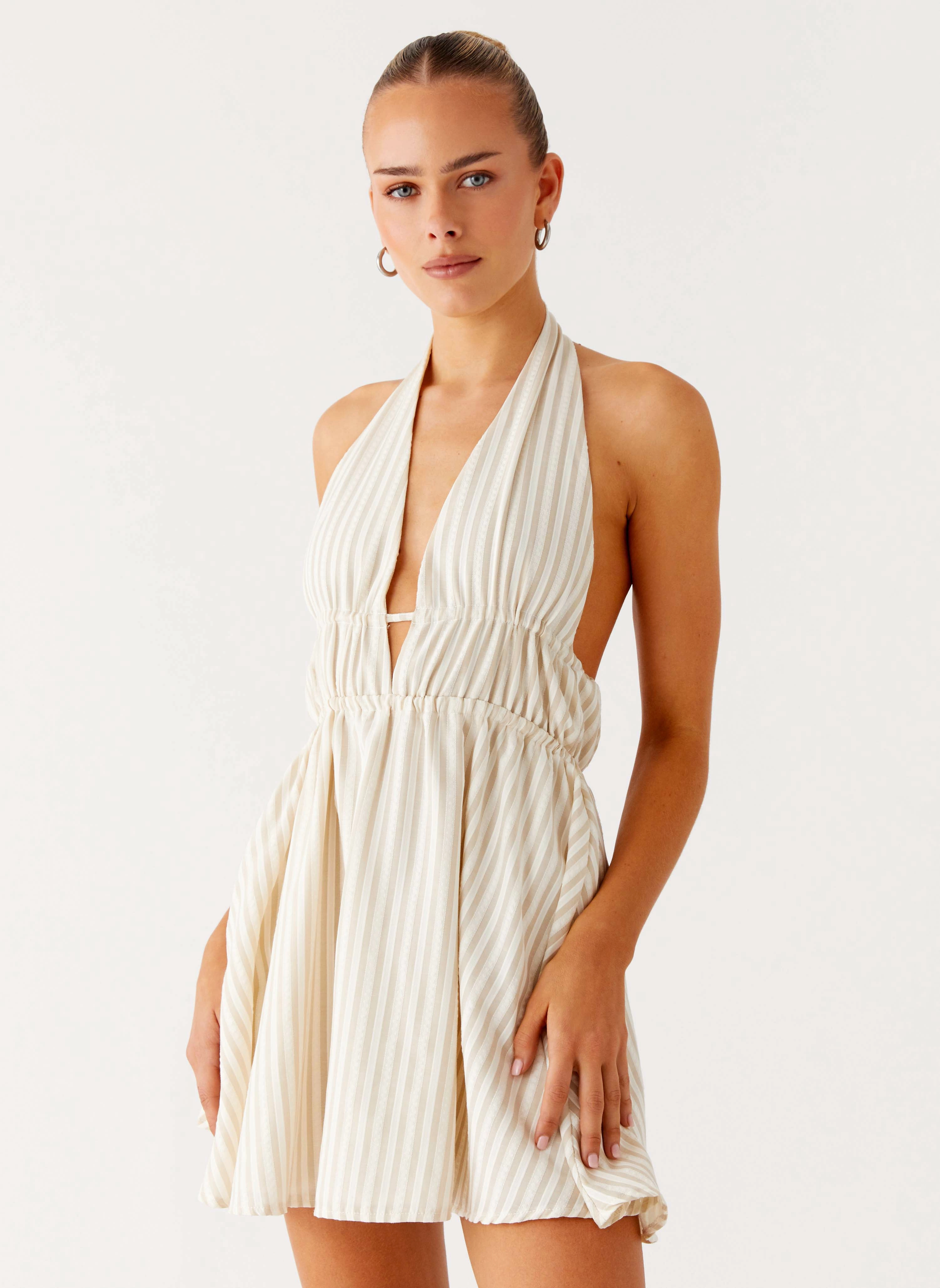 Figaro Halter Mini Dress - Taupe Stripe Warm Palette Church Proper