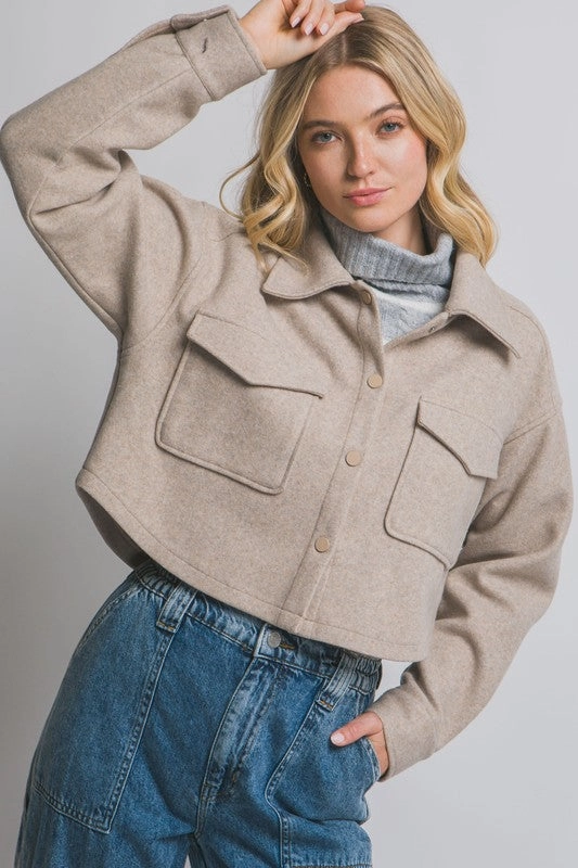 Fiona Fleece Cropped Snap-button Shacket Stretch Comfort Fit