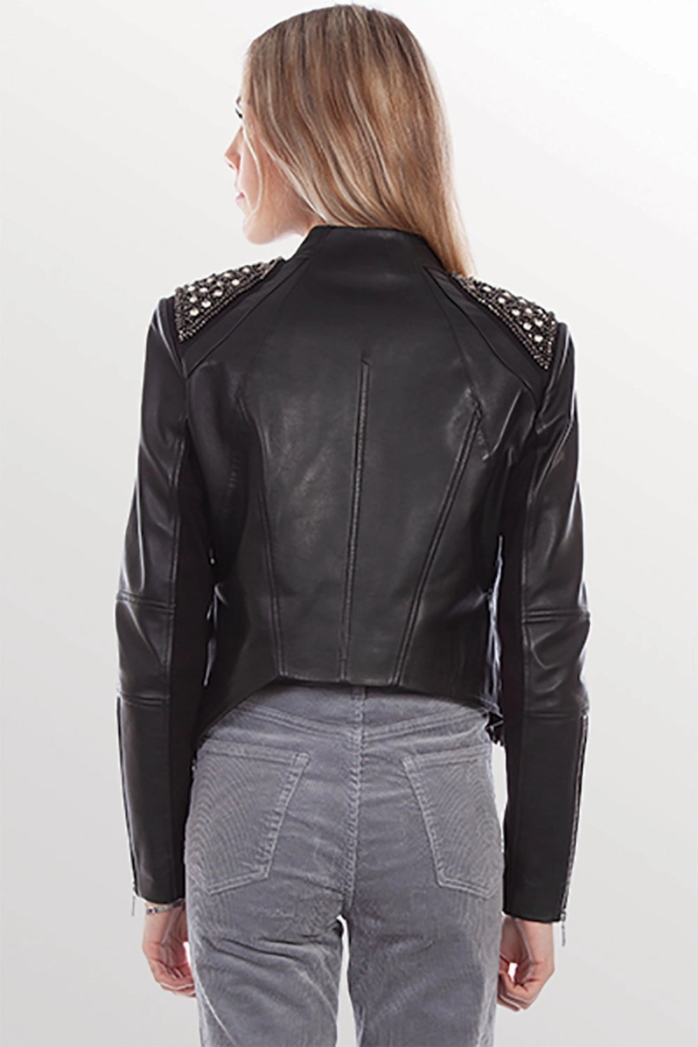 Moisture Wicking Material Microfiber Shell Scully Womens Studded Fringe Black Lamb Leather Leather Jacket
