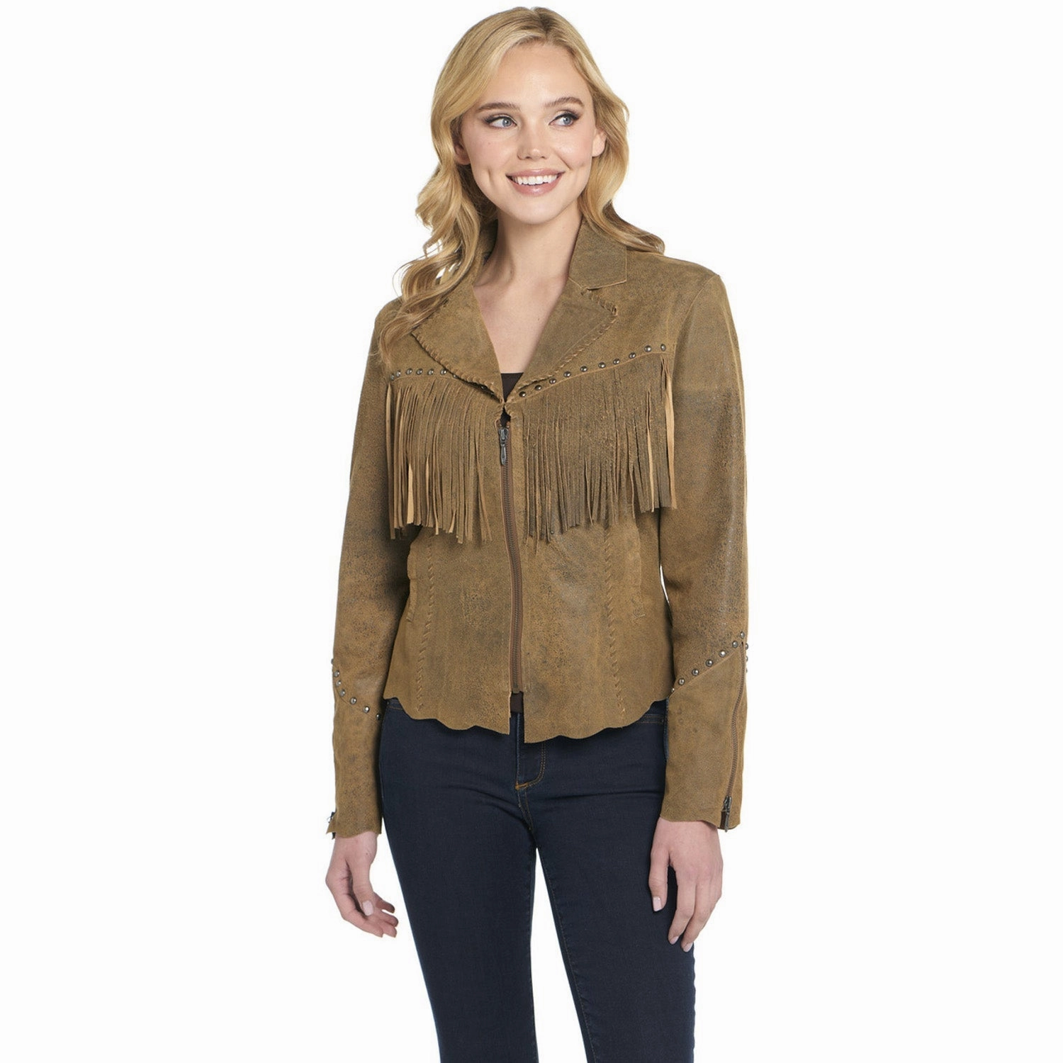 Cripple Creek Womens Raw Edges Hand Laced Butter Toffee Leather Leather Jacket Travel Light Fit Windproof Material