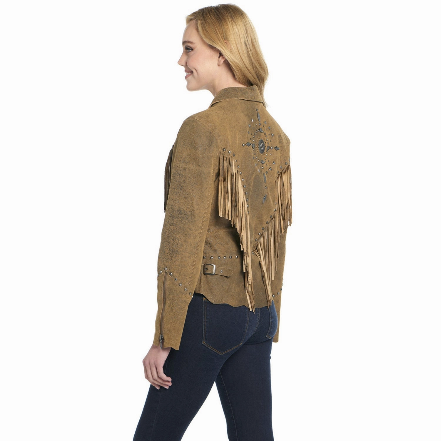 Warm Essentials Flexible Armholes Cripple Creek Womens Raw Edges Hand Laced Butter Toffee Leather Leather Jacket