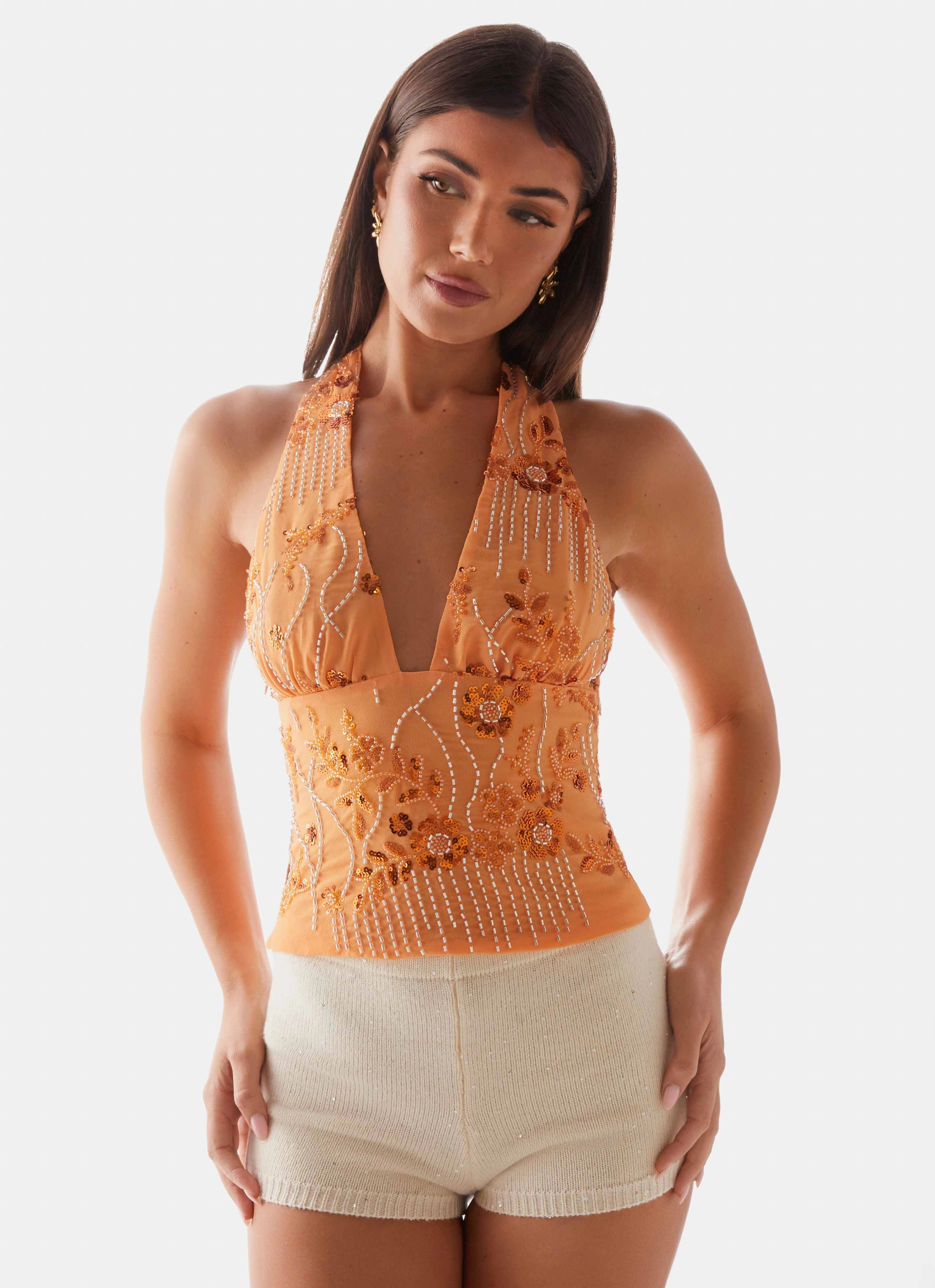 NonRestrictiveSilhouette Atlanta Sequin Halter Top - Orange