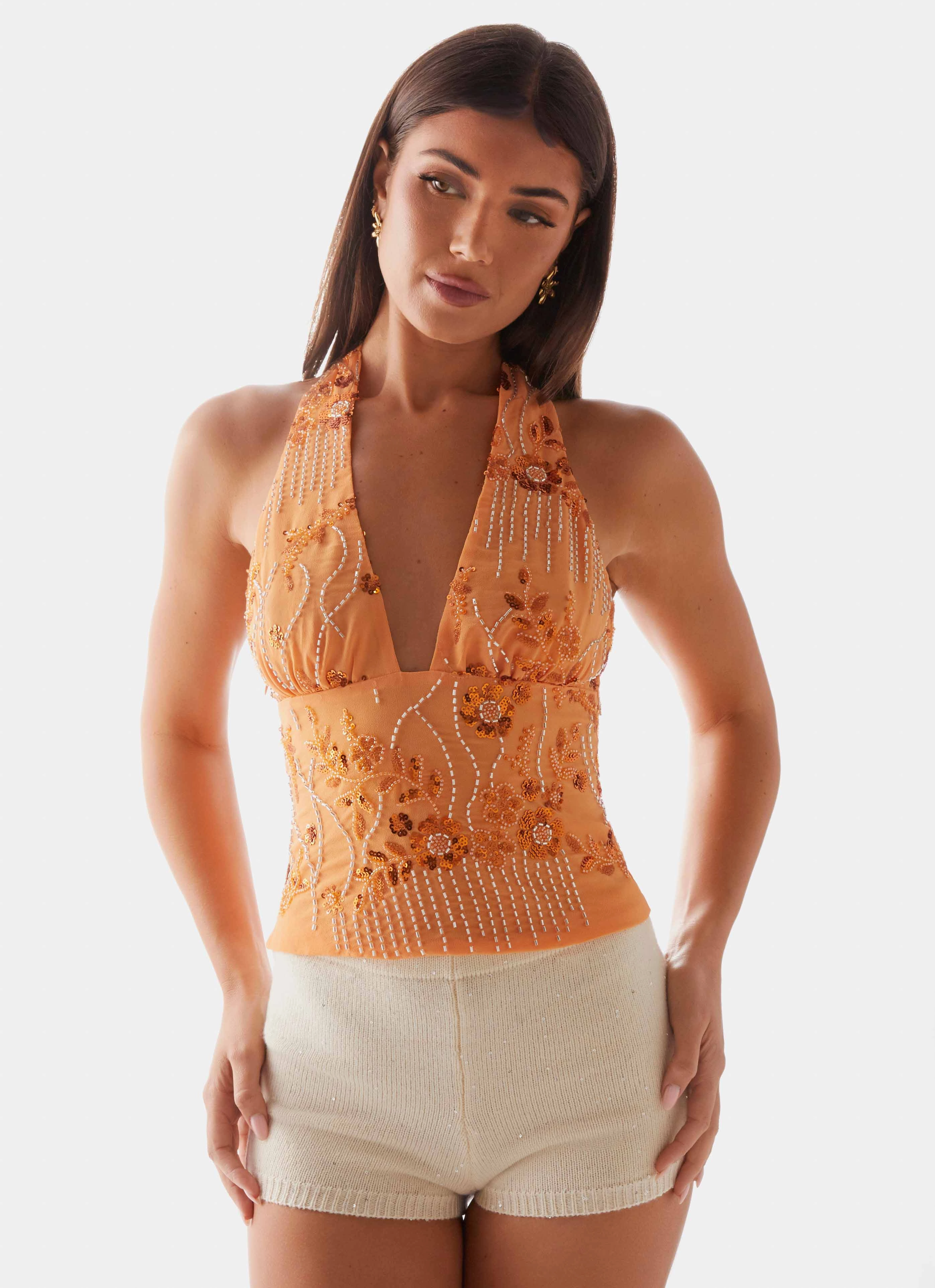 Fitted Blouse Atlanta Sequin Halter Top - Orange