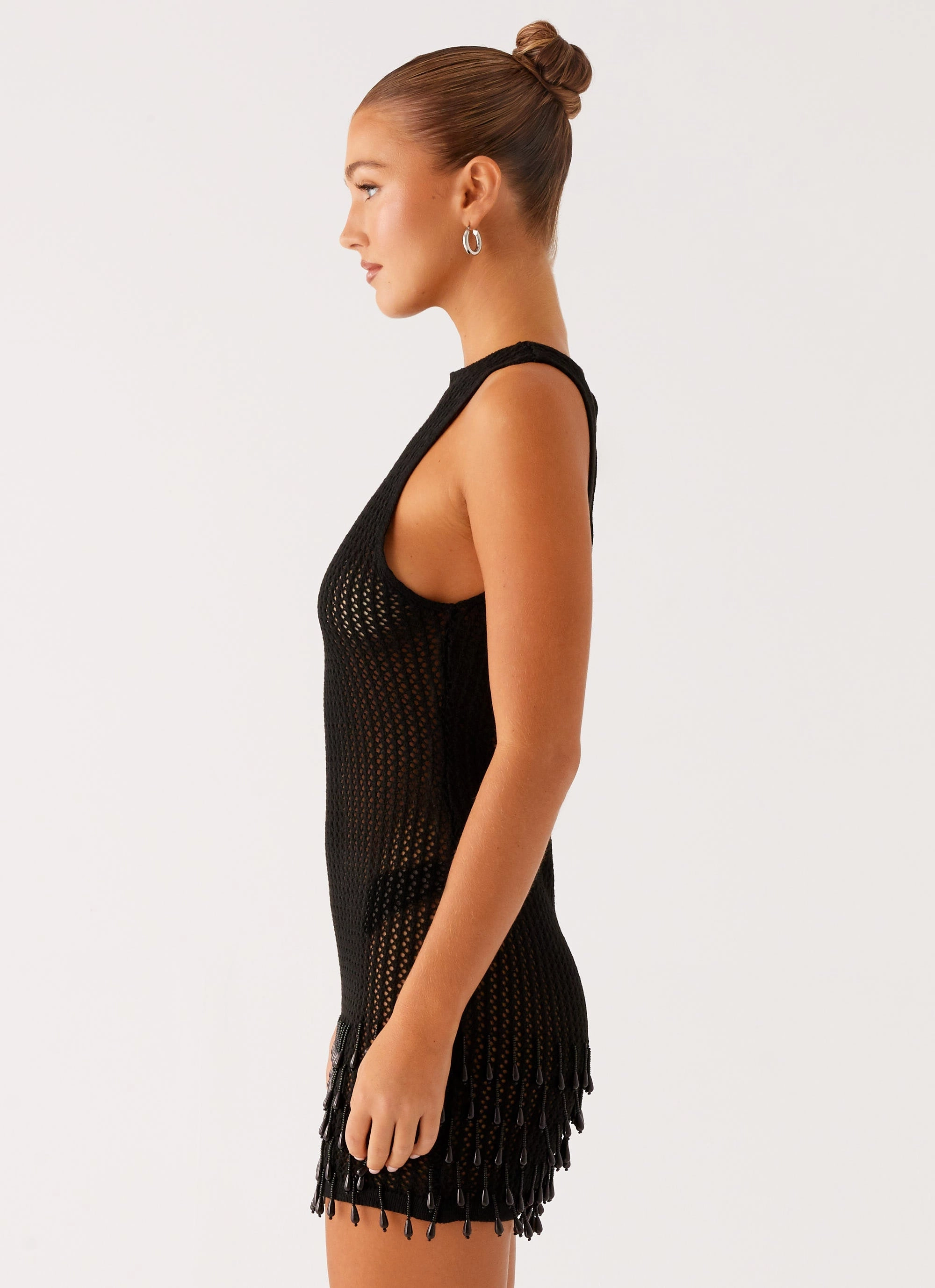 Miracle Beaded Crochet Mini Dress - Black Light Shape Pleated-Texture