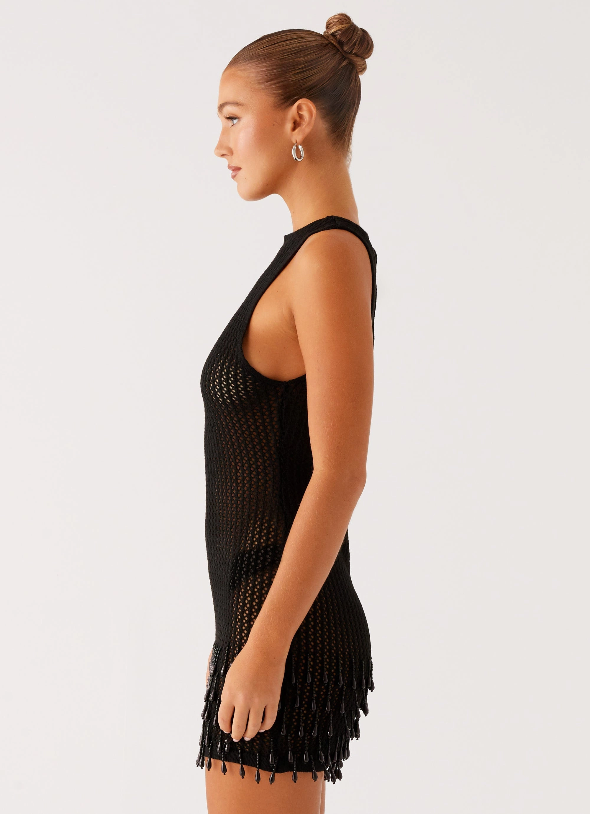 Miracle Beaded Crochet Mini Dress - Black Bohemian style Breathable