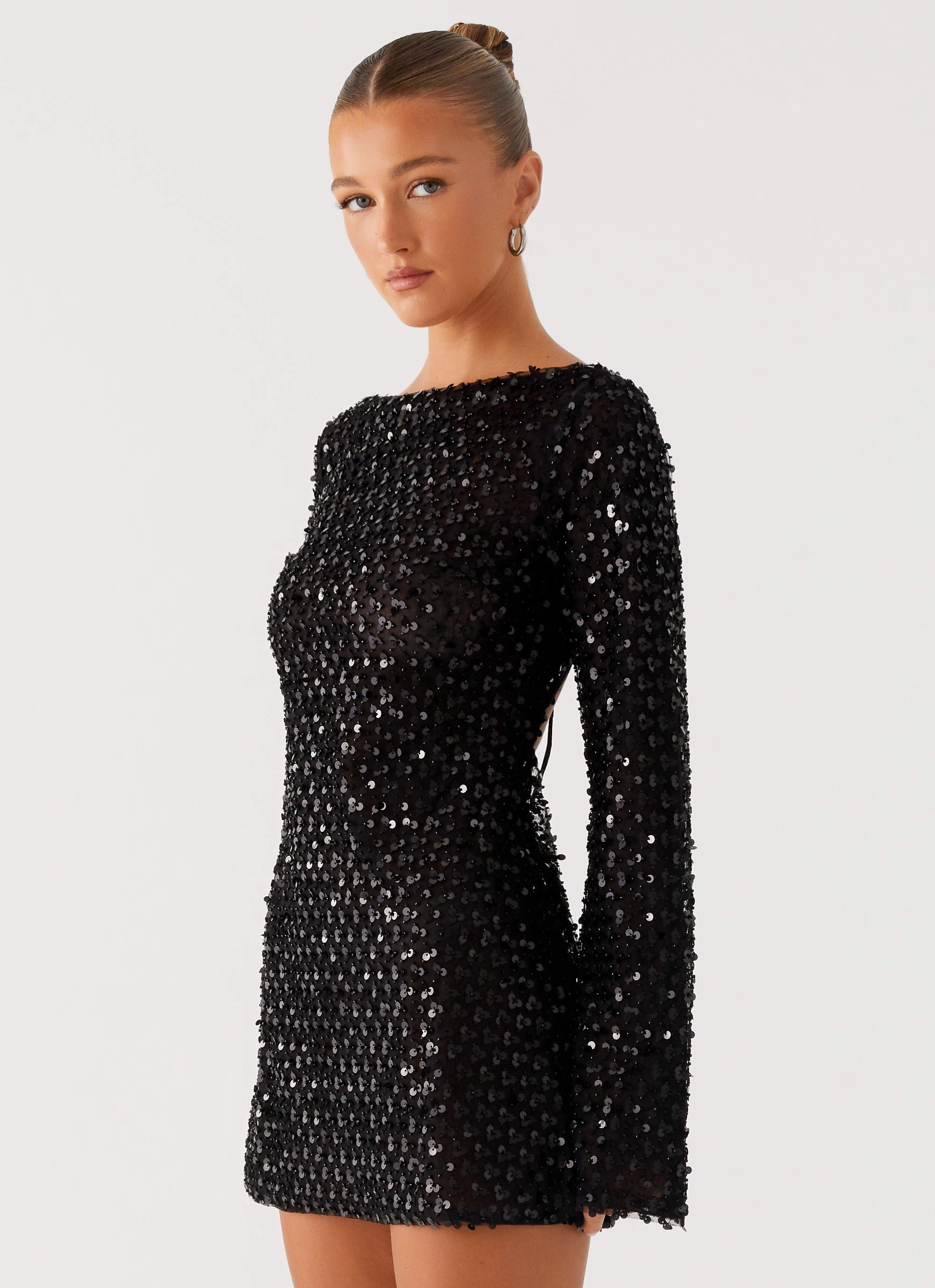 Edessa Sequin Mini Dress - Black Chilly Comfort Wear Natural Light