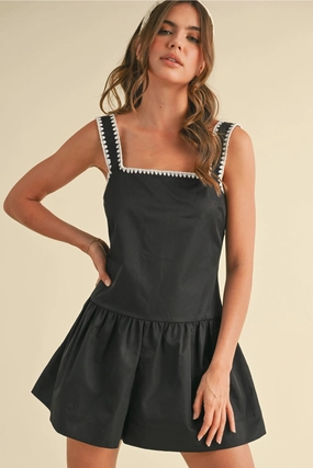 Crochet Drop Waist Romper - Black Side zipper