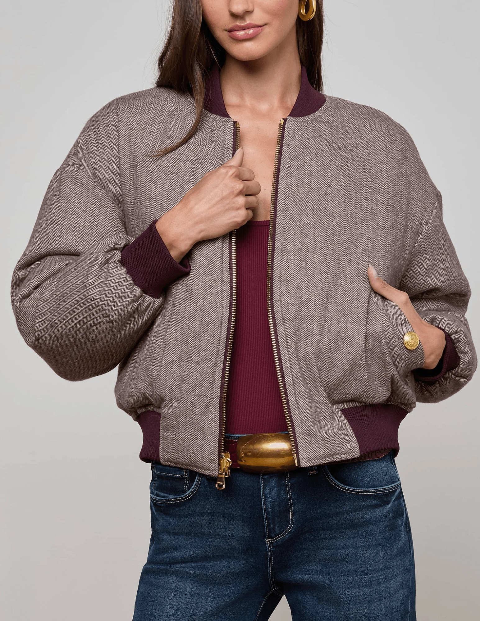 L??AGENCE Violeta Reversible Puffer Jacket in Wine Herringbone Essential Casual Look