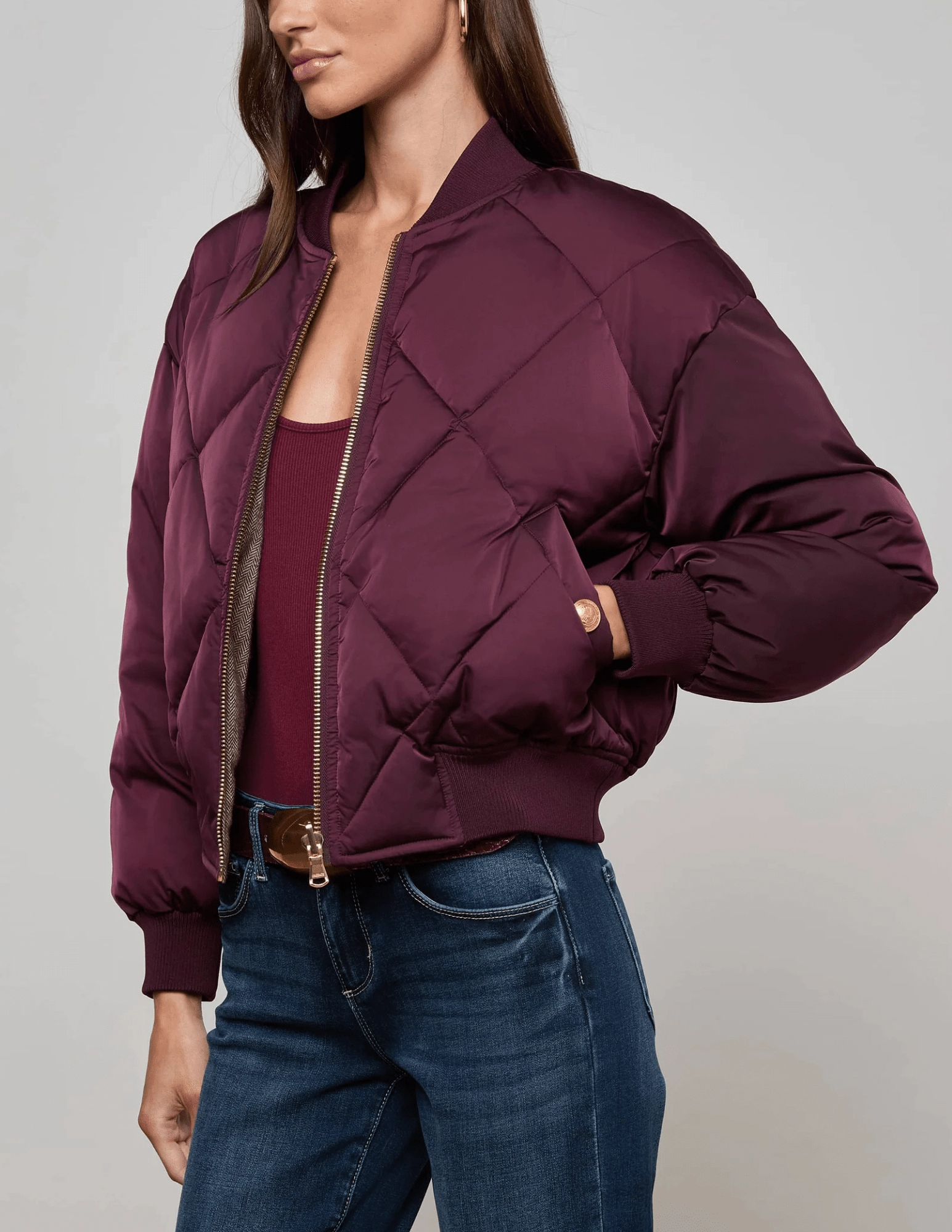 L??AGENCE Violeta Reversible Puffer Jacket in Wine Herringbone ReinforcedStitching Light Fit