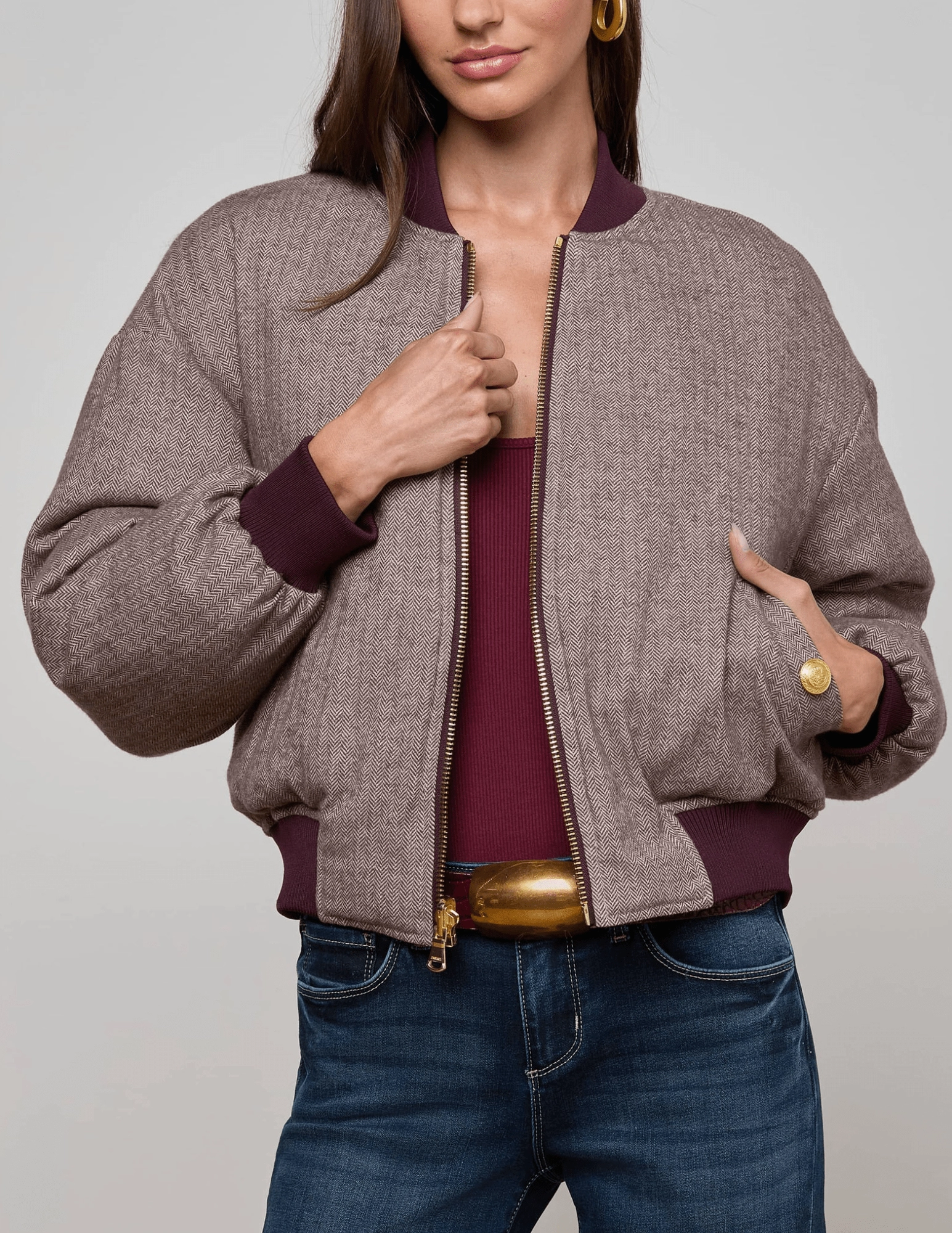 L??AGENCE Violeta Reversible Puffer Jacket in Wine Herringbone Casual Layer