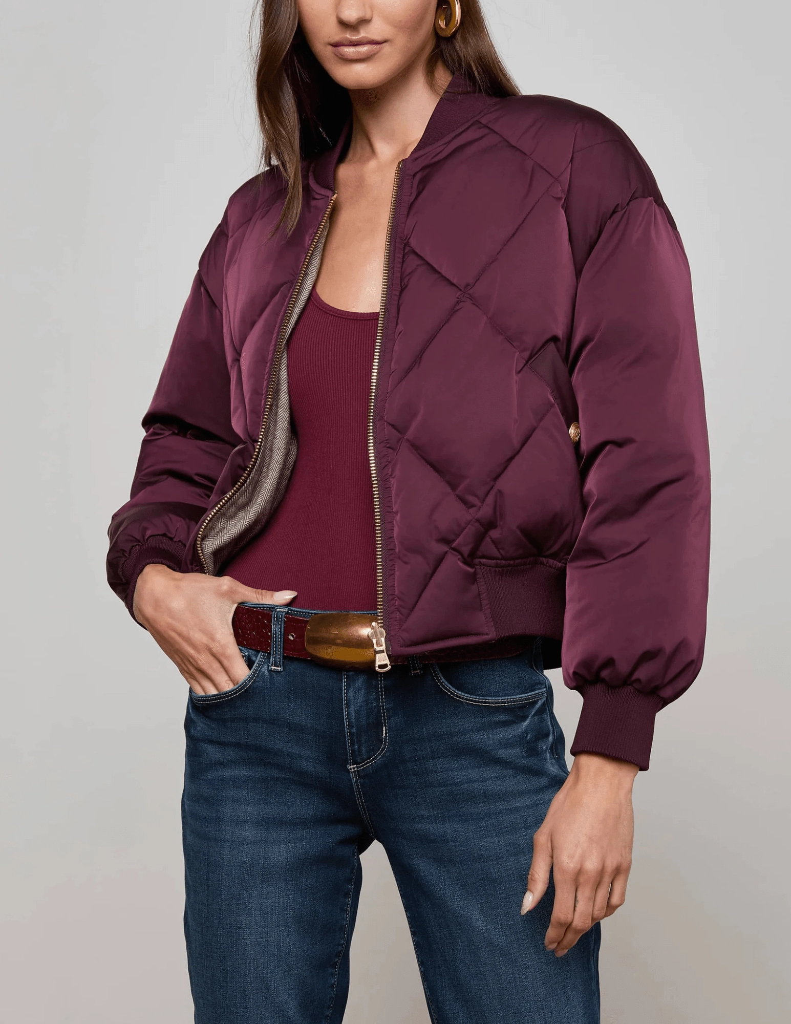 L??AGENCE Violeta Reversible Puffer Jacket in Wine Herringbone Moisture Control Fibers