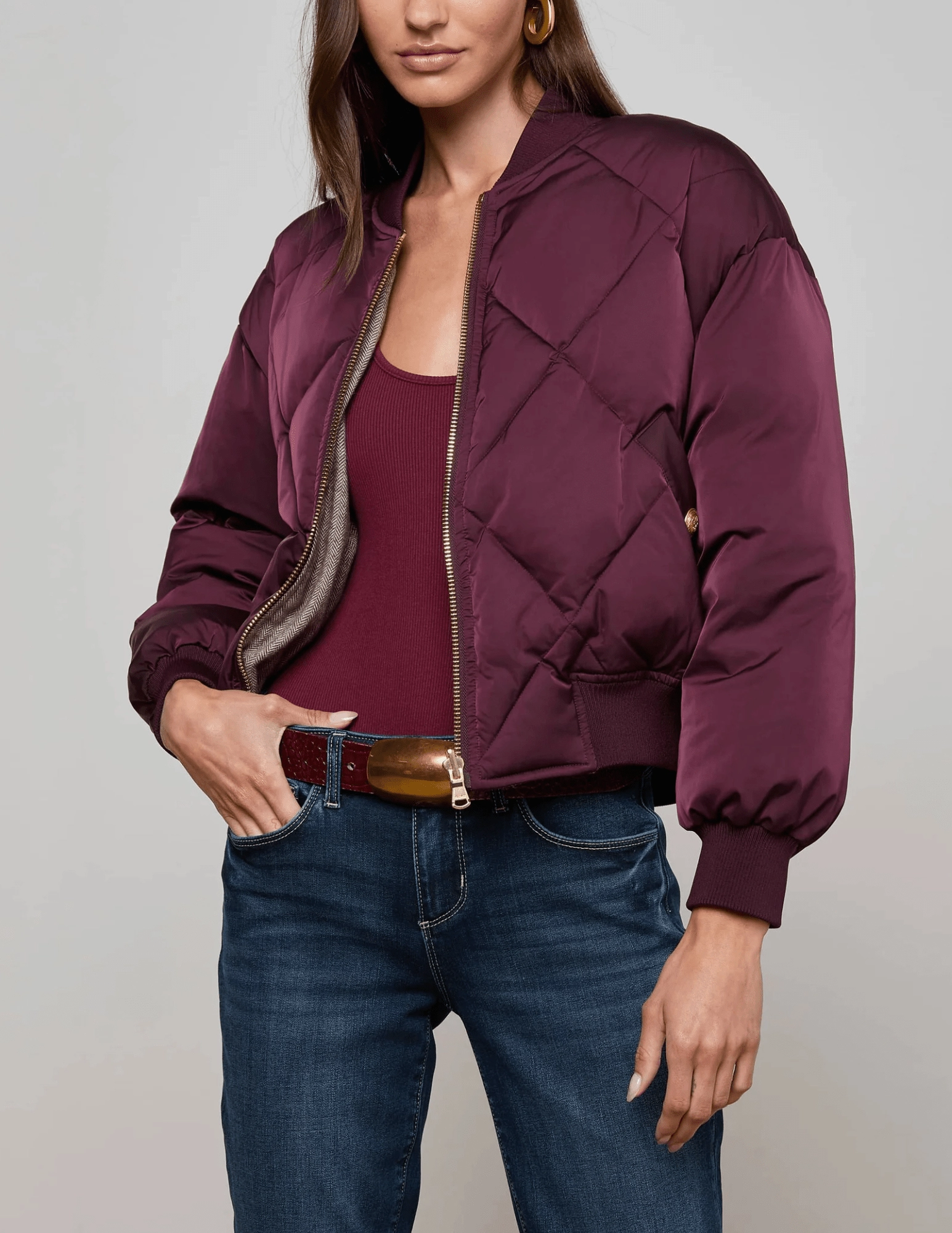 Anti Static Finish WrinkleFreeFinish L??AGENCE Violeta Reversible Puffer Jacket in Wine Herringbone