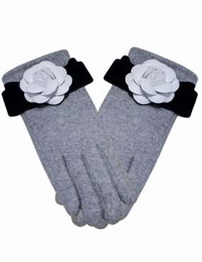 Stretchable Fabric Fleece Backing Fleur de Cam??lia Leather Camellia Bow Fur Lined Gloves