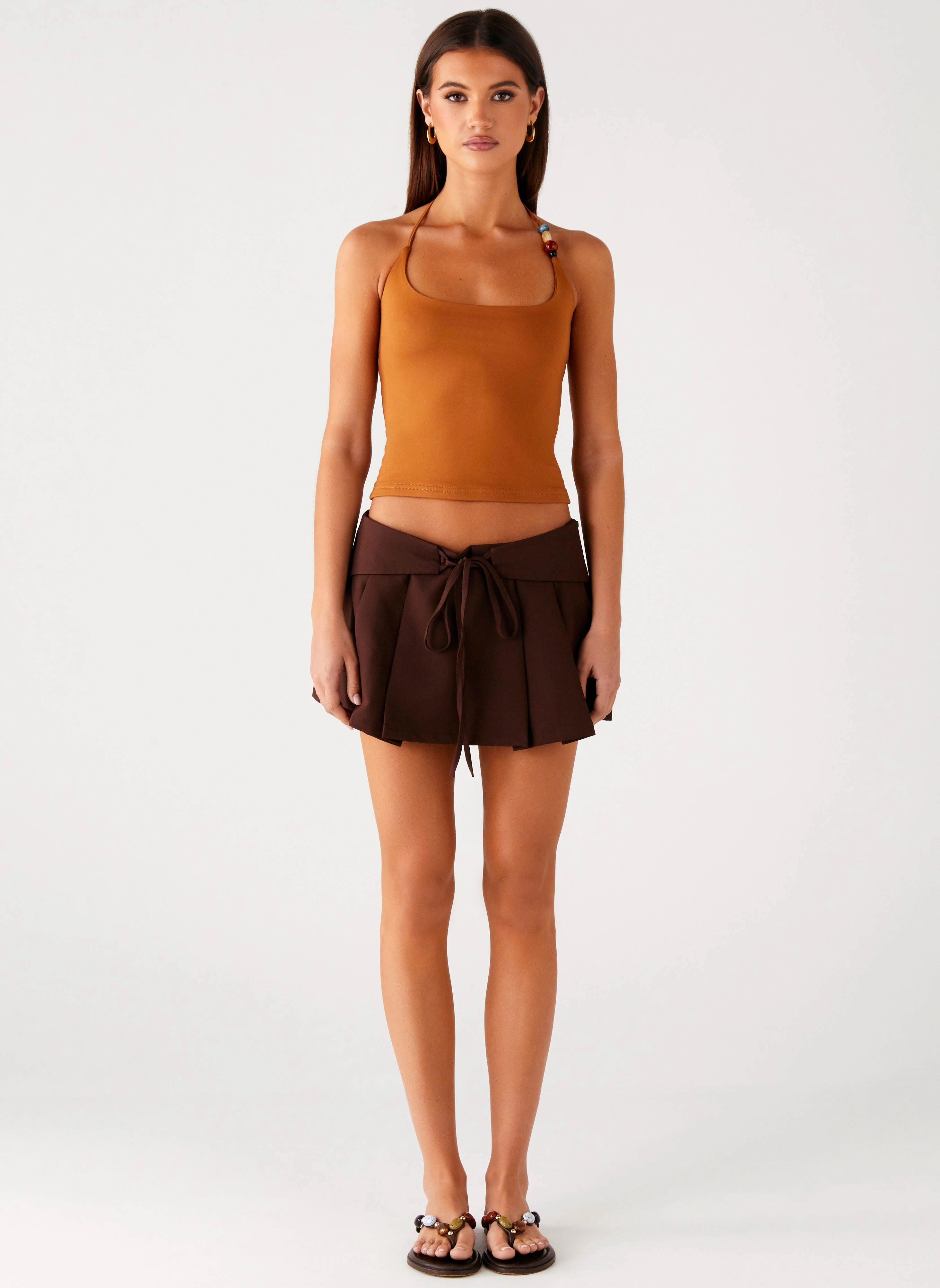 Chic Look Neutral Tone Stitching Palm Beach Top - Tan